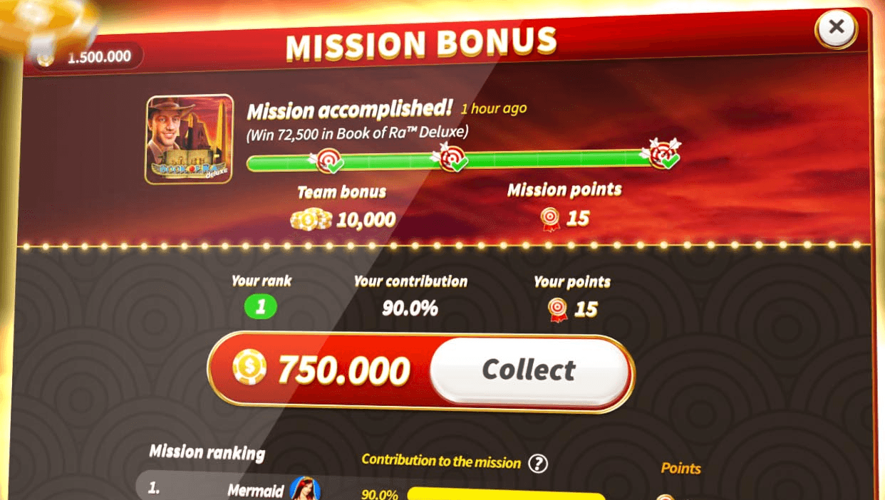 The Slotpark Mission Bonus screen after a completed team mission to win 72,500 in Book of Ra Deluxe, showing a 10,000 team bonus, 15 mission points, a 90% contribution and a Collect button for 750.000