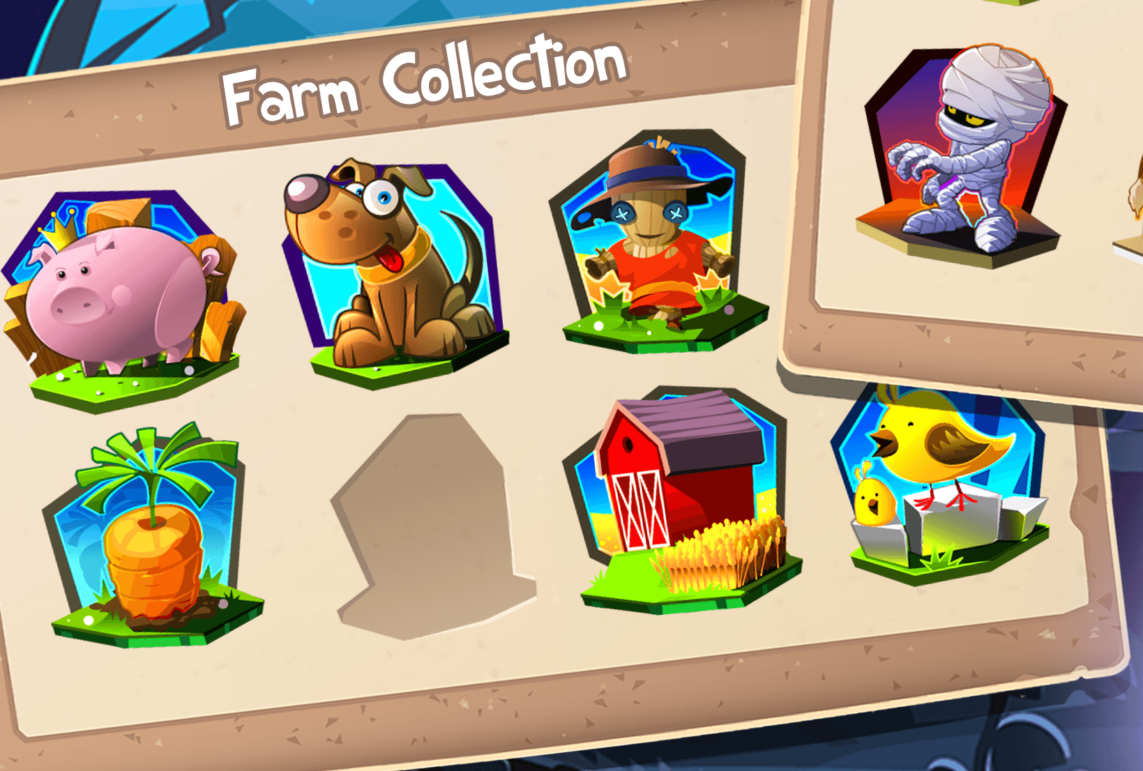 The Farm Collection panel in Alisa Bingo, with a pig, dog, scarecrow, carrot, barn and chicks in place and one blank grey slot, and the Pyramid Collection's mummy on a second panel behind it