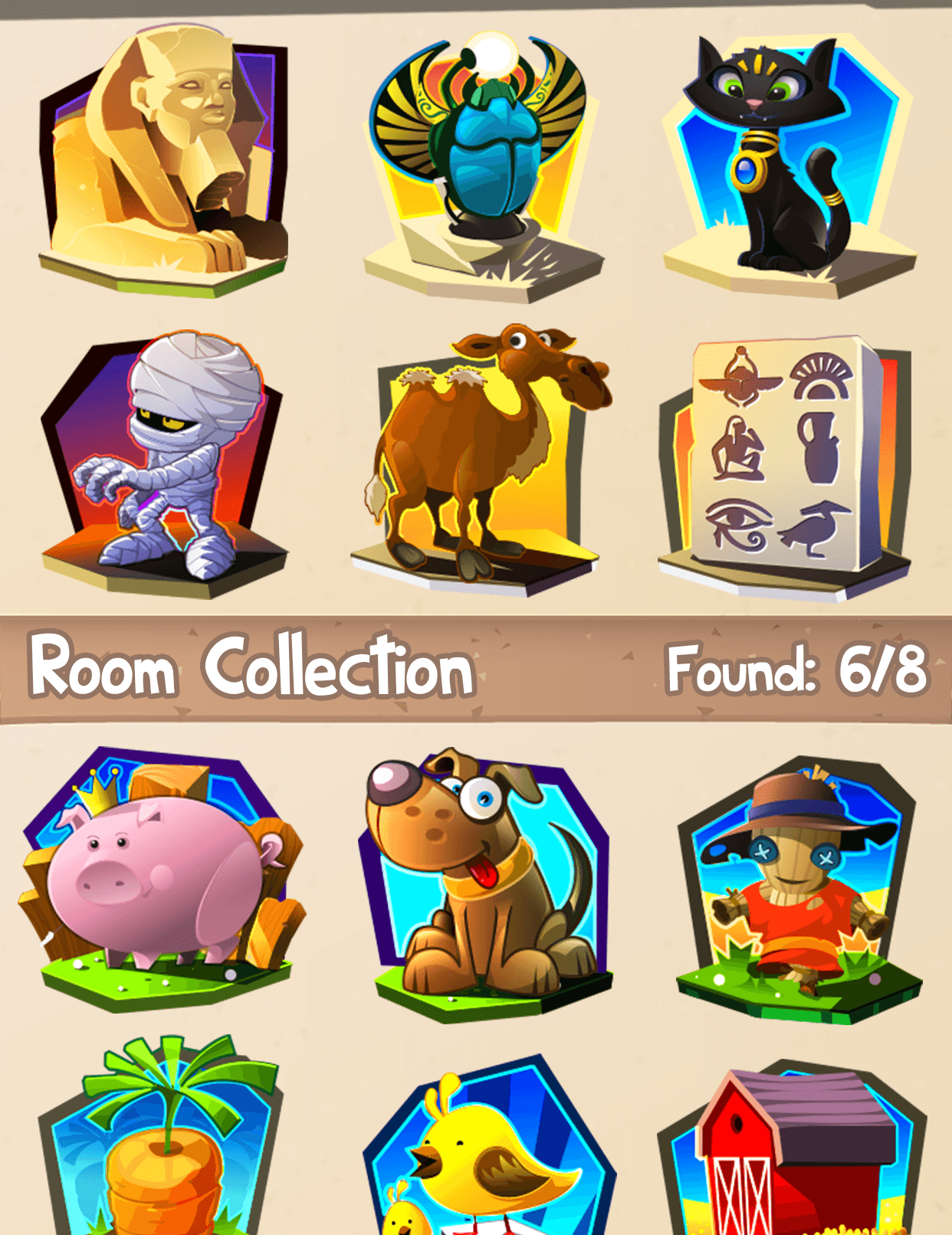 An Alisa Bingo room collection screen showing collectible item tiles with six of eight found