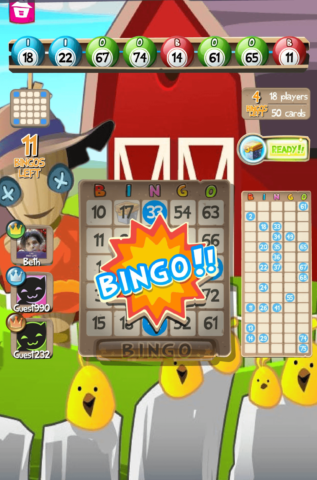 An Alisa Bingo room showing called balls, a bingo card mid-round, the player list and a bingos-left counter