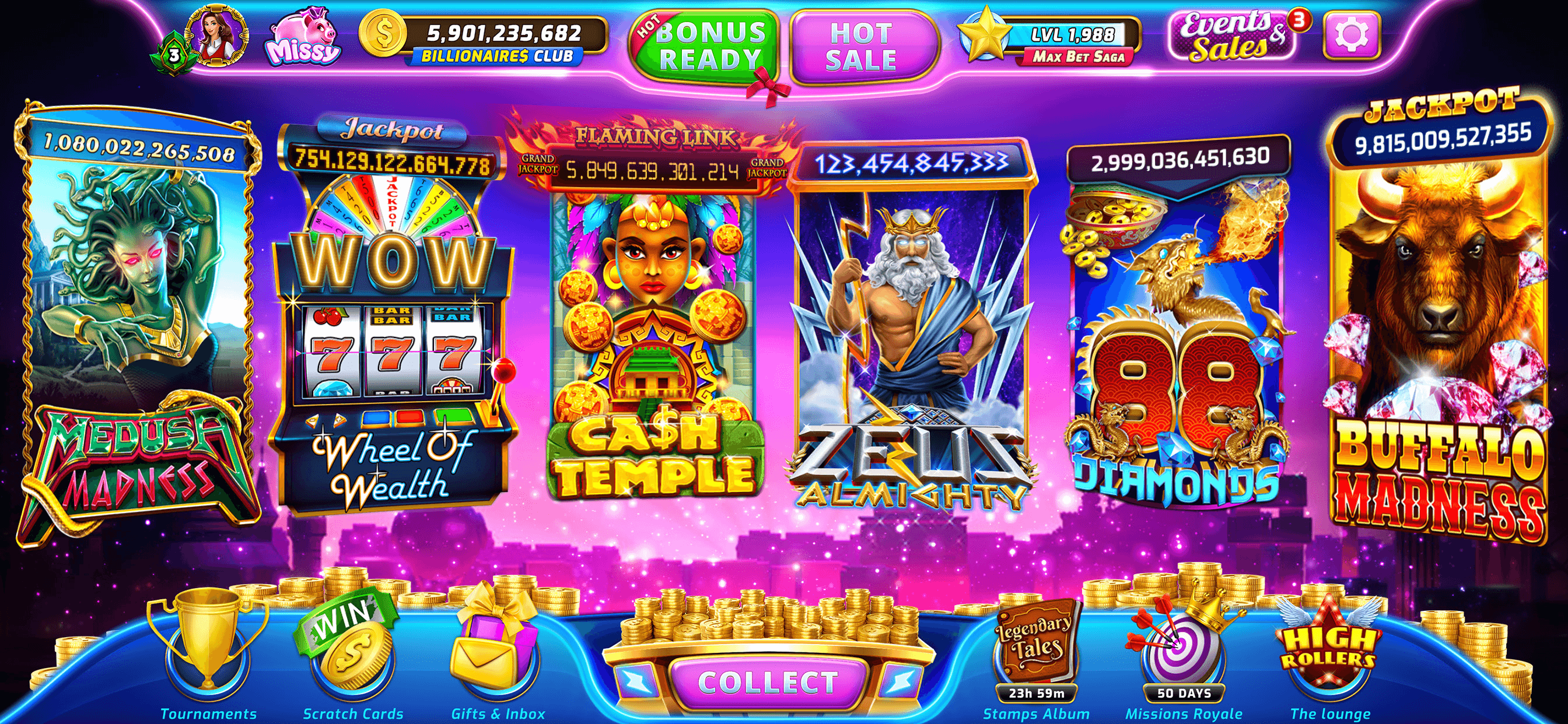 The Baba Wild Slots lobby with six machine tiles including Medusa Madness, Wheel of Wealth, Cash Temple and Buffalo Madness, the coin balance of 5,901,235,682 labelled Billionaire$ Club at the top, and Scratch Cards, Stamps Album and Missions Royale along the bottom