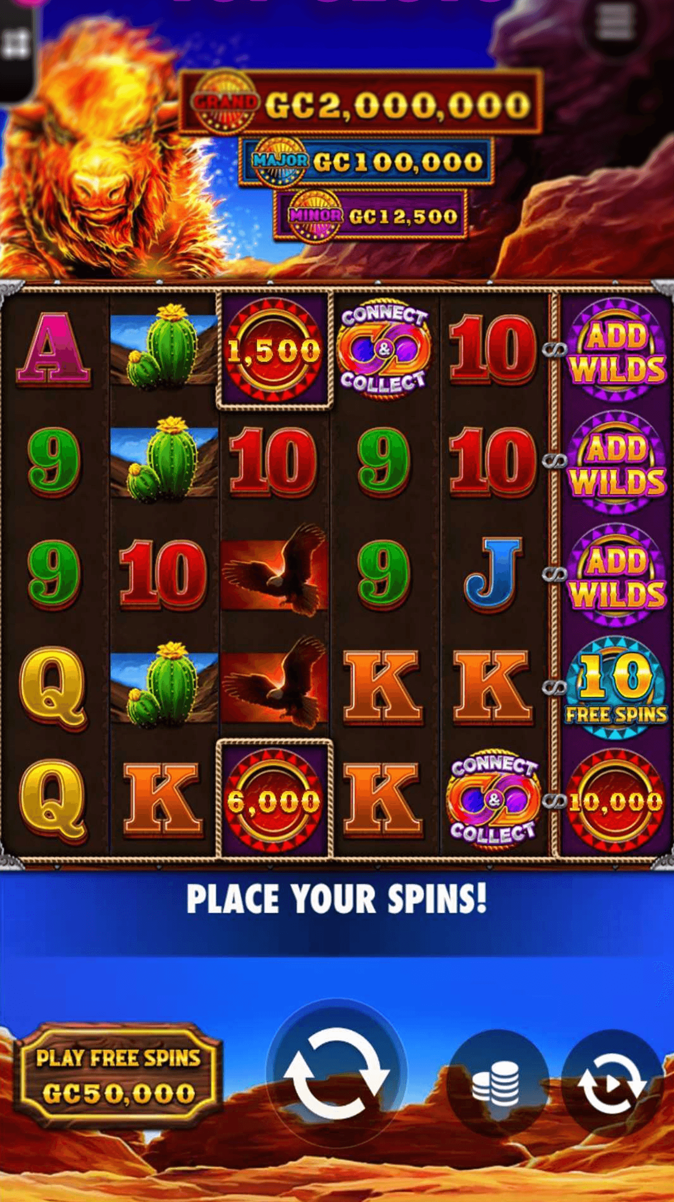 The Fire Stampede slot in Baba Wild Slots showing jackpot values of GC2,000,000, GC100,000 and GC12,500 above the reels