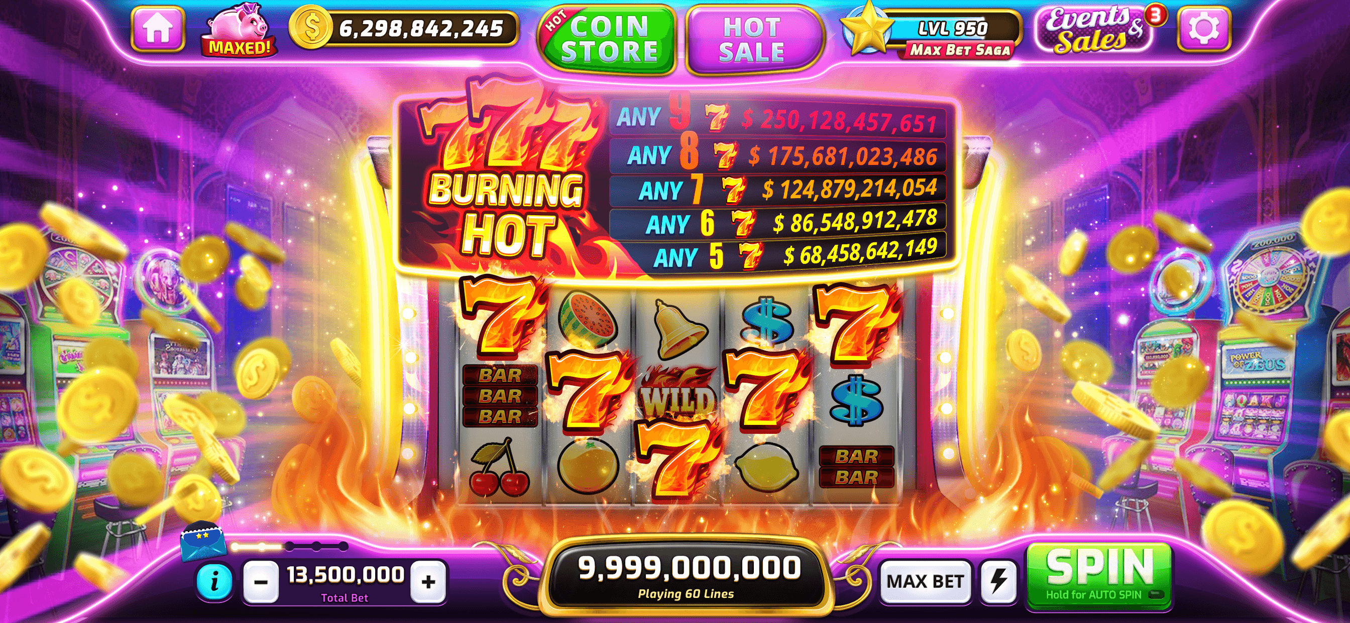 The Burning Hot 777 slot in Baba Wild Slots, a paytable for any five to nine sevens above reels of 7s, cherries and bars, with the pink Missy pig marked MAXED!, the coin balance of 6,298,842,245 and the Coin Store button along the top