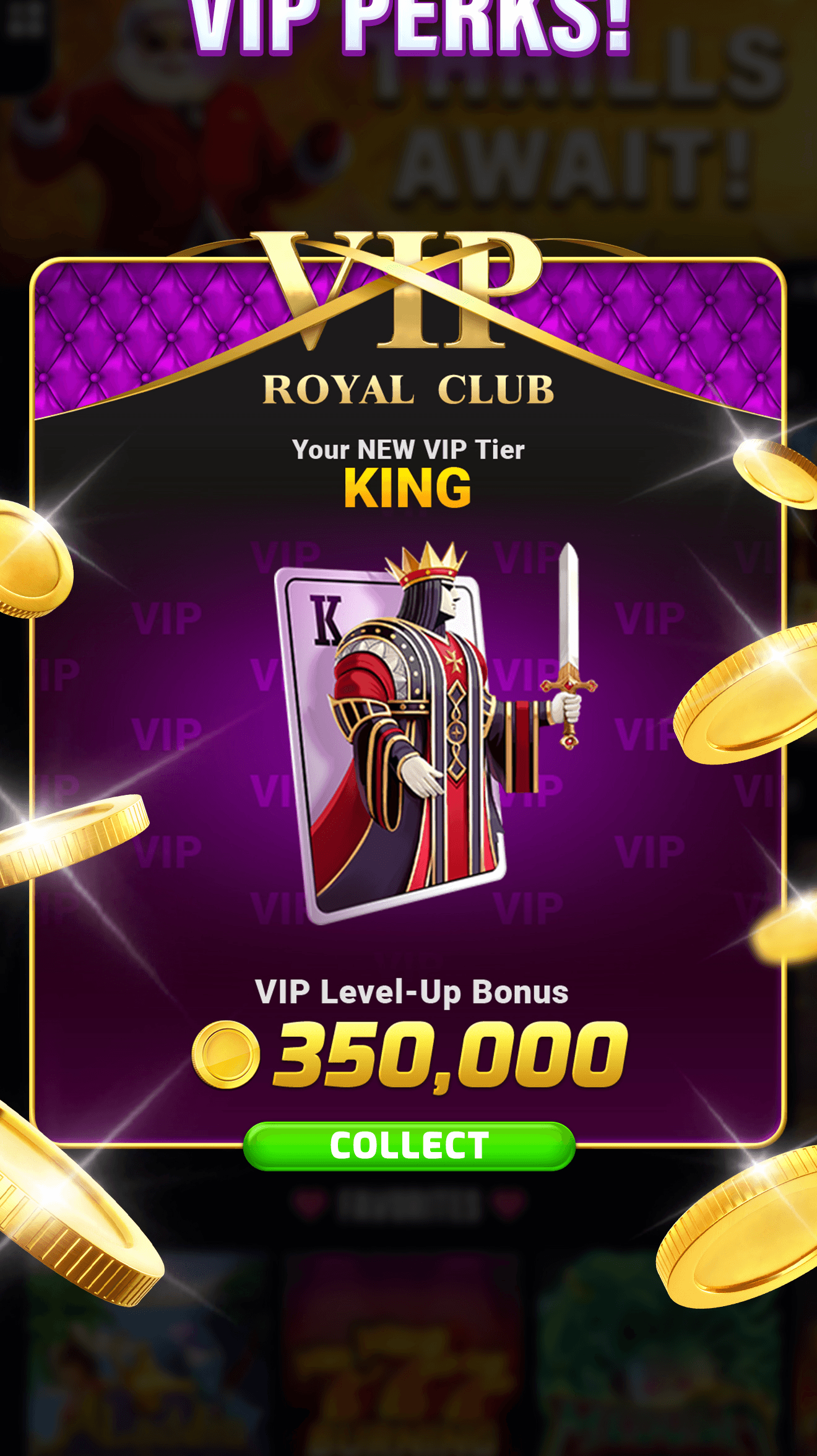 The VIP Royal Club screen in Baba Wild Slots showing the King tier and a level-up bonus of 350,000
