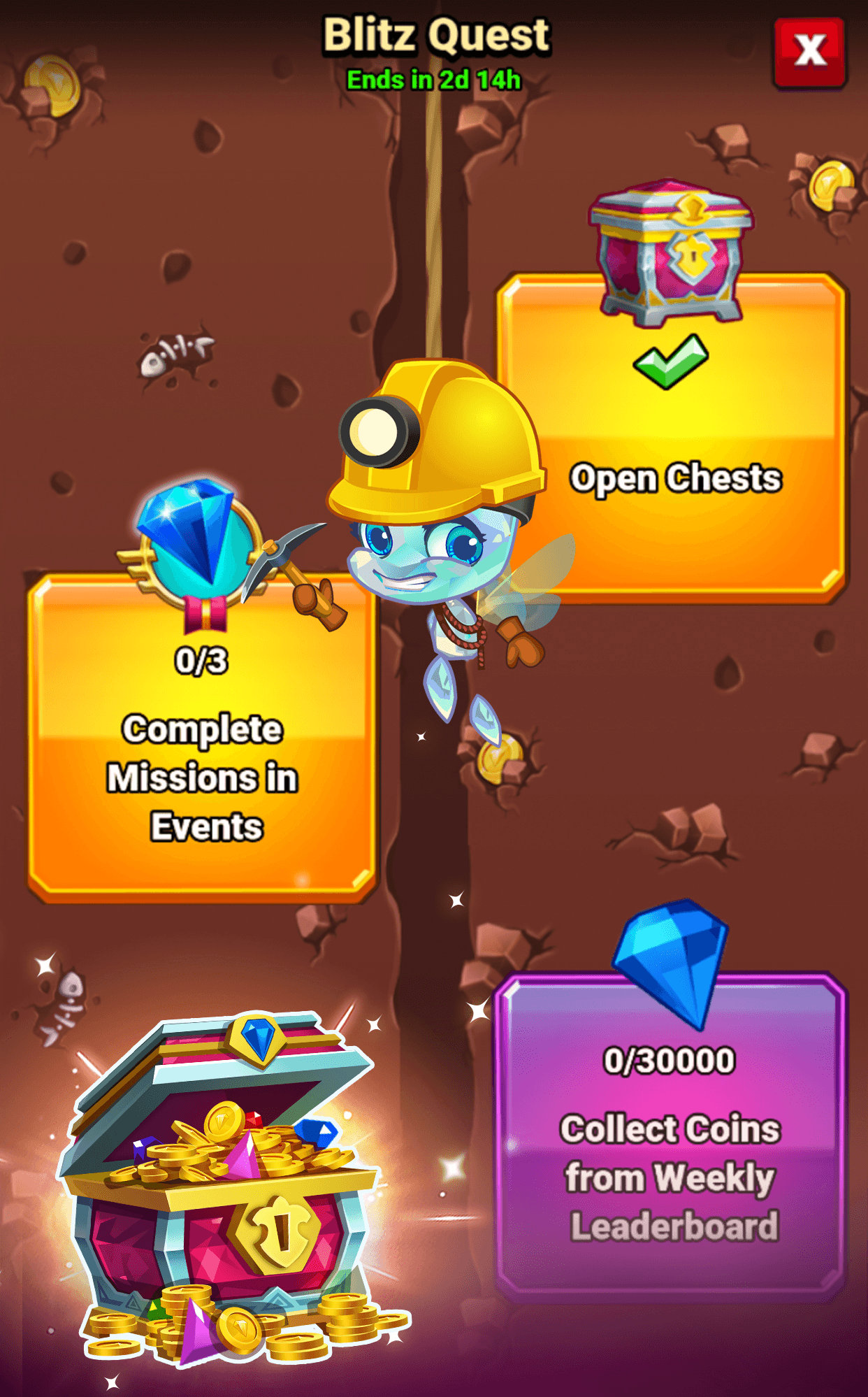 The Blitz Quest screen in Bejeweled Blitz, Gemma in a mining helmet surrounded by task blocks reading Complete Missions in Events, Open Chests and Collect Coins from Weekly Leaderboard, with a treasure chest at the bottom left