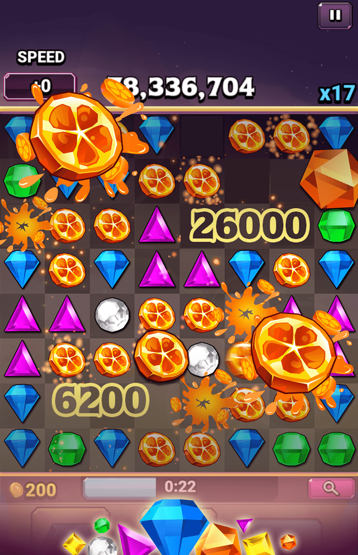 A Bejeweled Blitz board mid-game showing a score of 78,336,704, a x17 multiplier and 22 seconds left on the clock