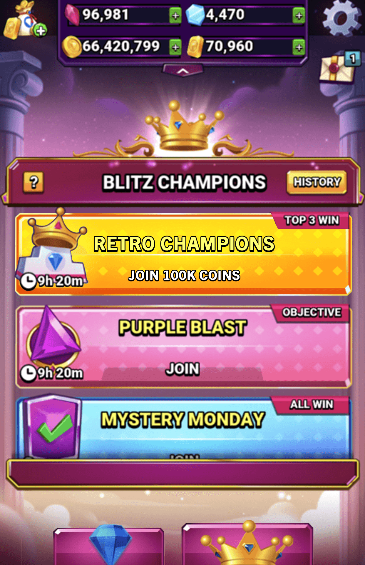 The Blitz Champions screen in Bejeweled Blitz listing timed events including Retro Champions, Purple Blast and Mystery Monday