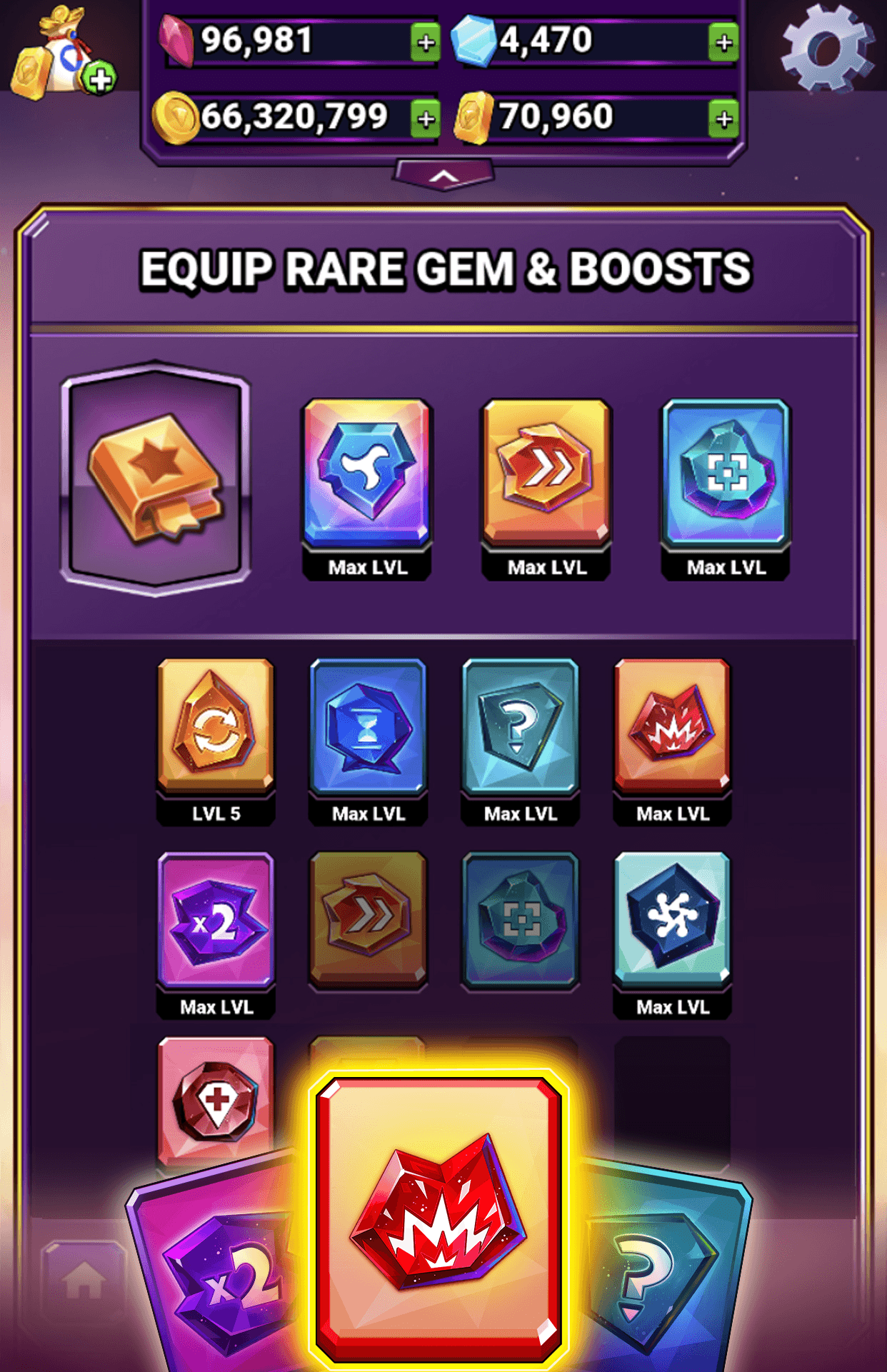 The Equip Rare Gem and Boosts screen in Bejeweled Blitz, with currency counters along the top