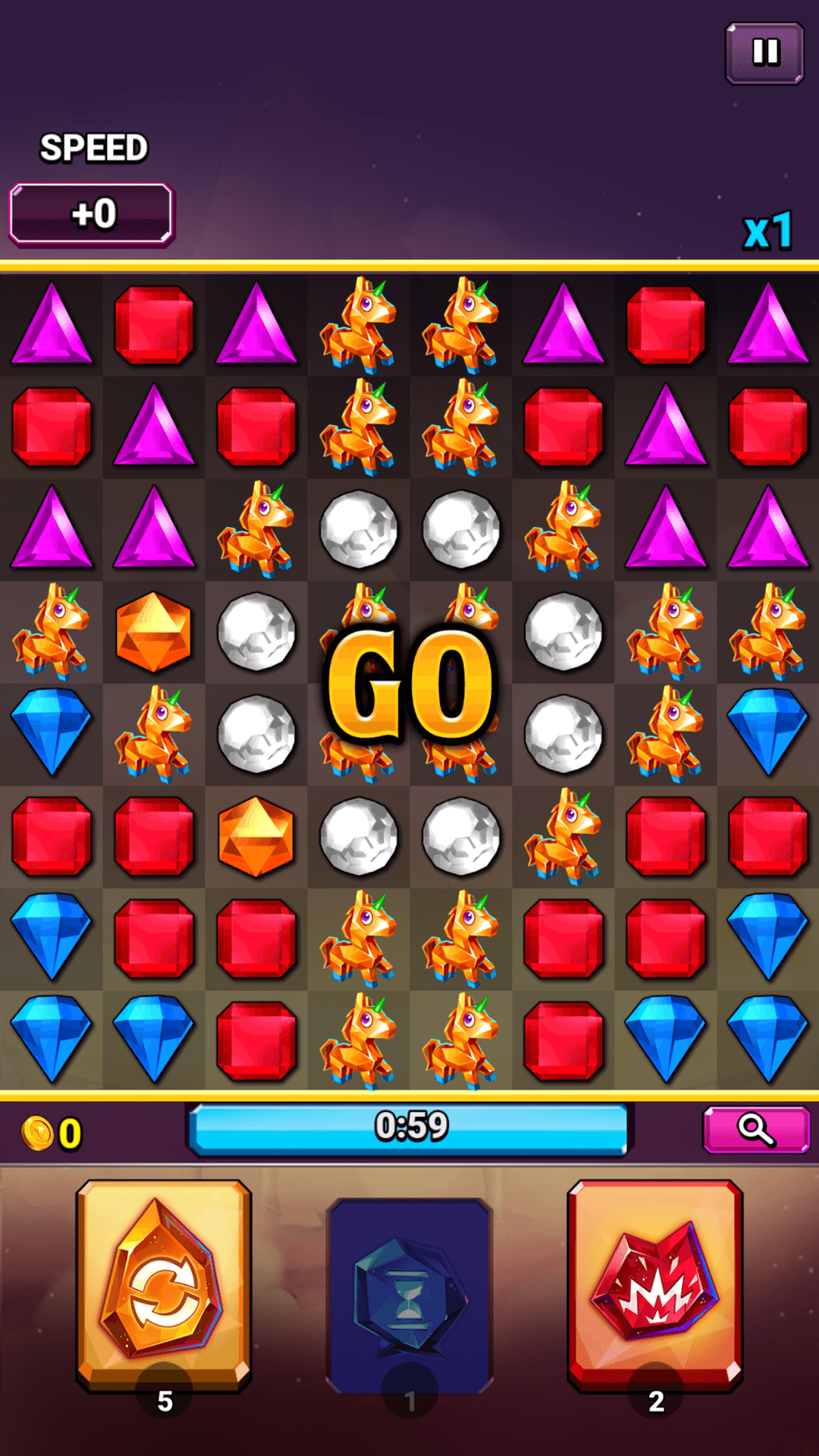 A Bejeweled Blitz board at the start of a round with GO in the middle, the Speed counter at the top left, the 0:59 timer under the board and three boosts along the bottom