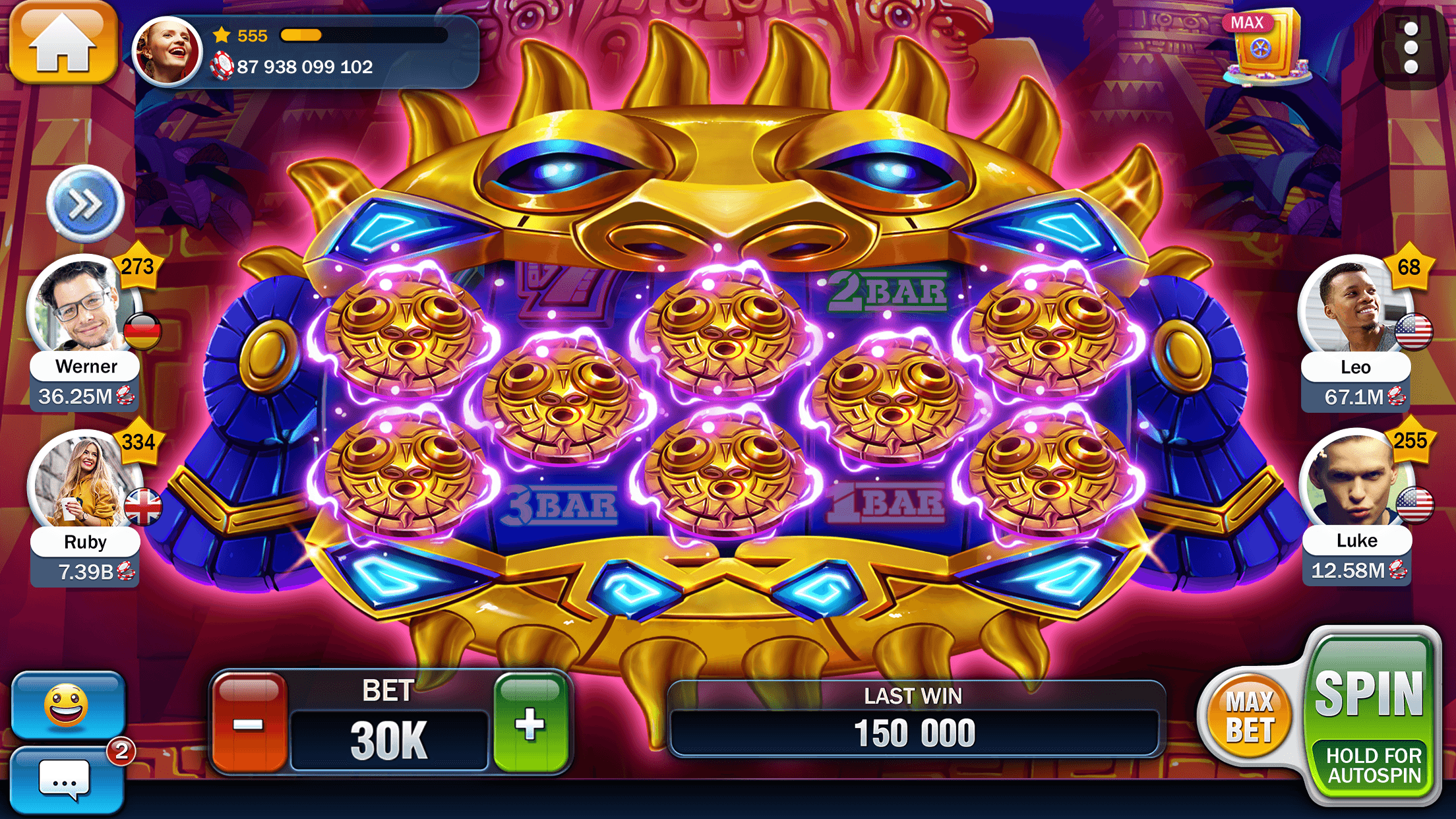 An Aztec-themed Billionaire Casino slot with golden sun-face symbols on the reels, other players' avatars down both sides, and a bet of 30K at the bottom
