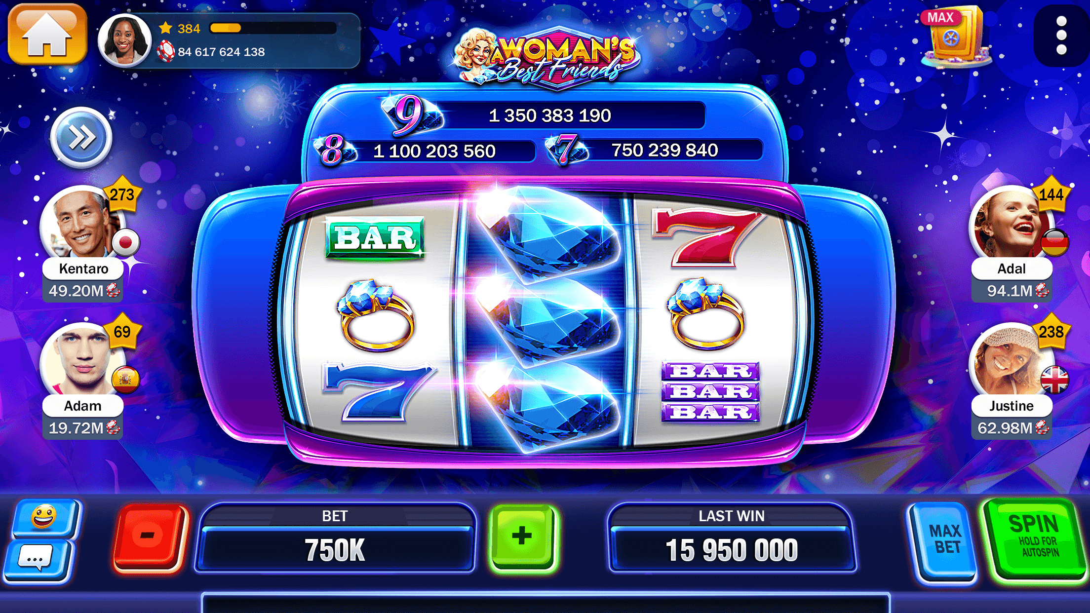 The A Woman's Best Friends slot in Billionaire Casino, a diamond on the payline and three jackpots above the reels, with a bet of 750K and a last win of 15,950,000 at the bottom and other players' avatars down both sides