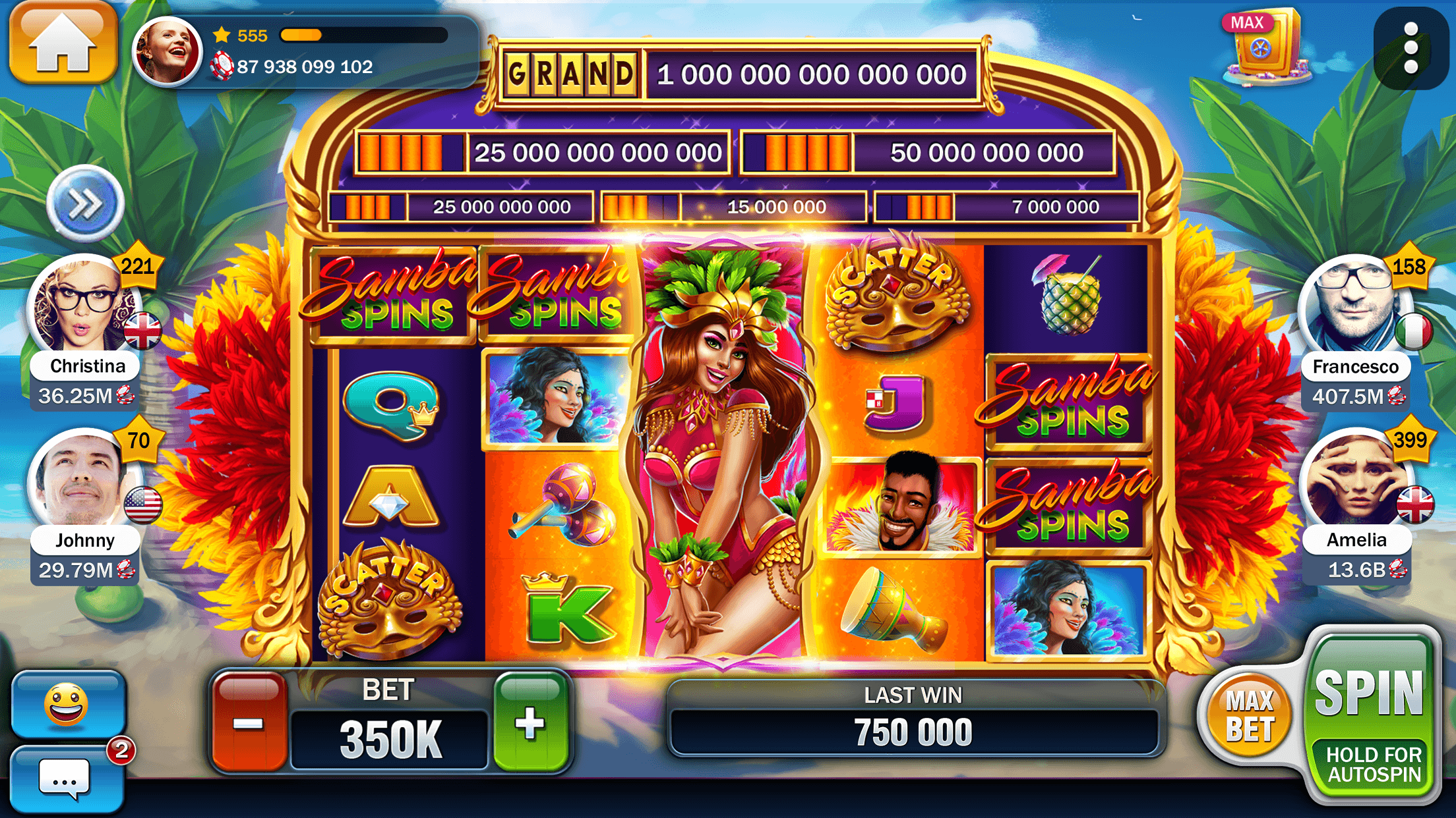 The Samba Spins slot in Billionaire Casino with a Grand jackpot of 1,000,000,000,000 above the reels