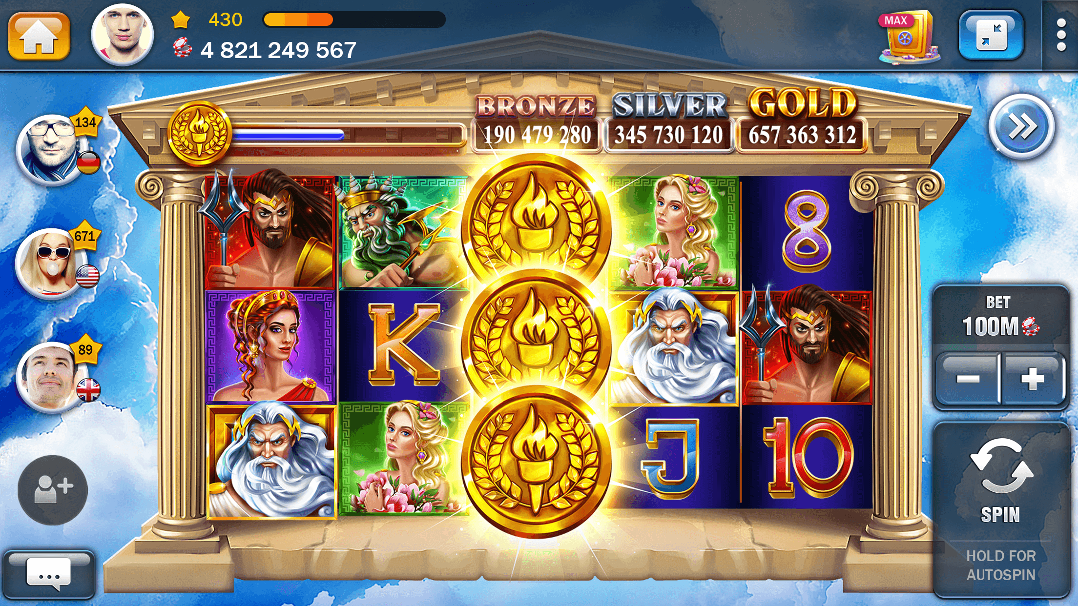 A Billionaire Casino slot with other players shown as avatars down both sides and a bet of 100M below the reels