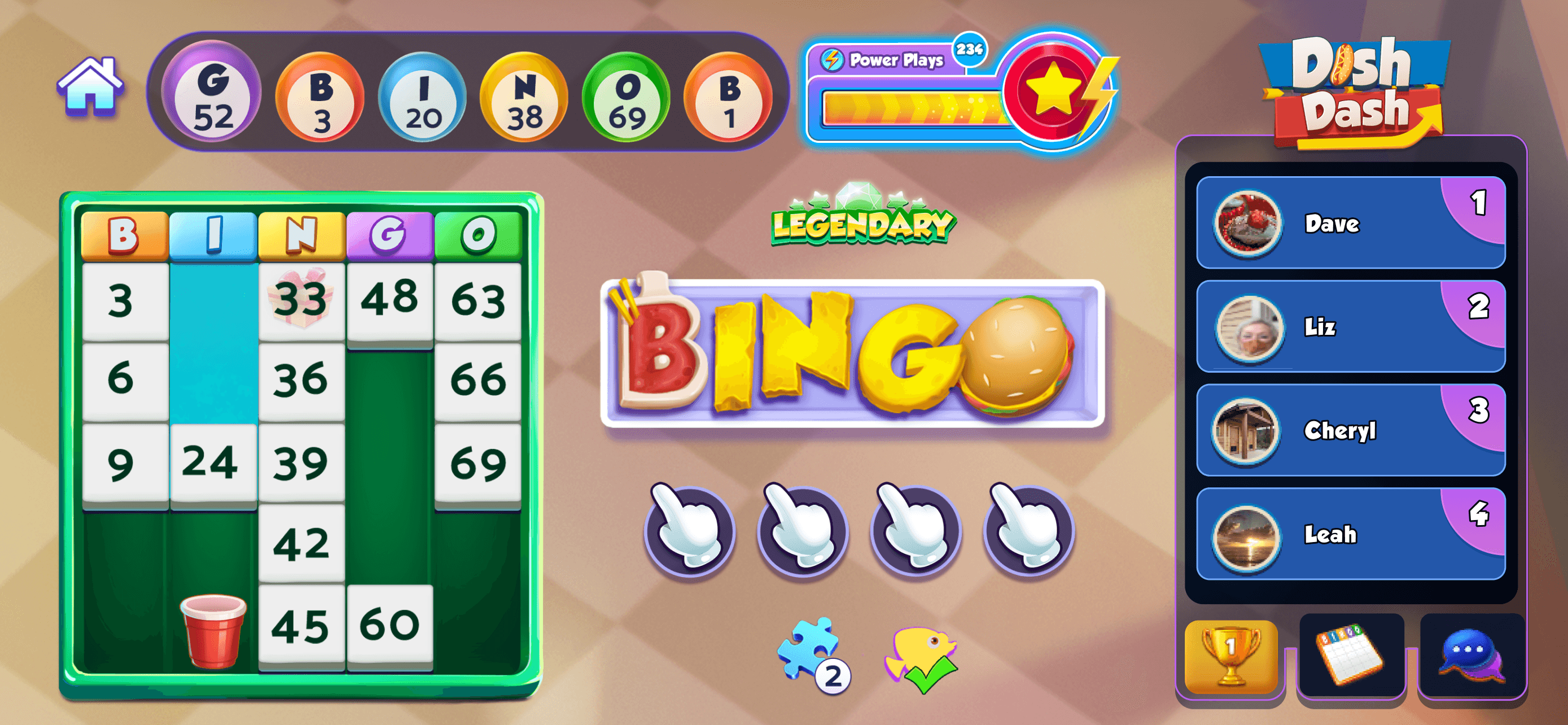 A Bingo Bash round in the Dish Dash room, a bingo card with a column and a row daubed in green, a Legendary Bingo banner in the middle, the called balls G52, B3, I20, N38, O69 and B1 across the top, and a leaderboard of Dave, Liz, Cheryl and Leah on the right