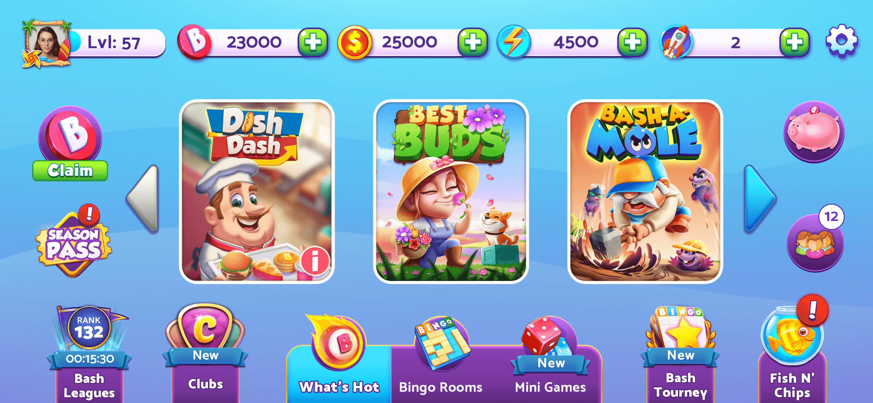 The Bingo Bash lobby showing themed room tiles, currency counters along the top and a navigation bar of clubs, bingo rooms and mini games