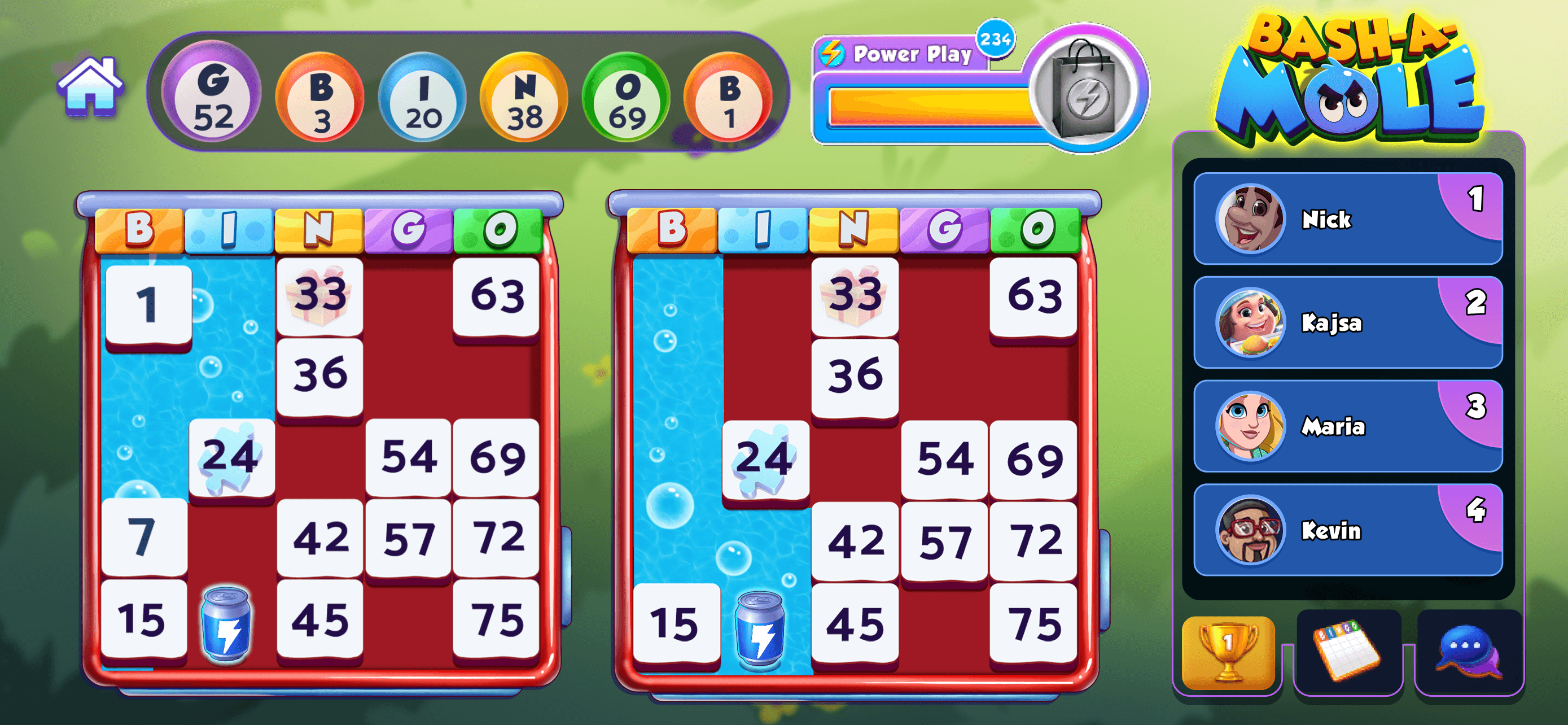 A Bingo Bash round showing two cards, the called-ball row, a Power Play meter and the other players in the room