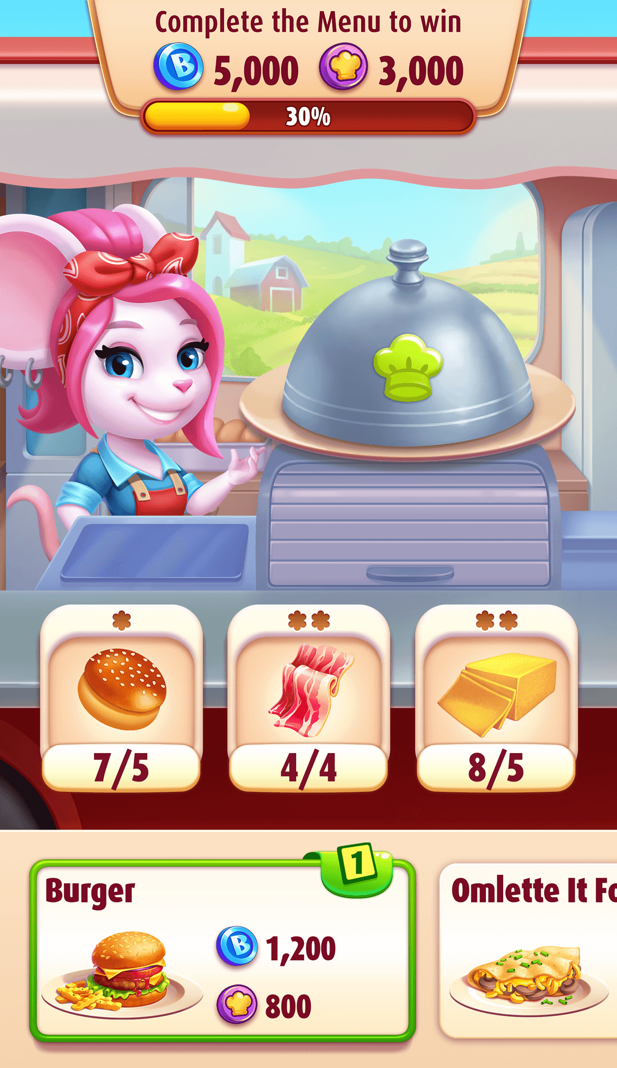 A Bingo Blitz cooking event with the Complete the Menu to win prize at the top and the Burger dish card at the bottom, its prize shown in two currencies