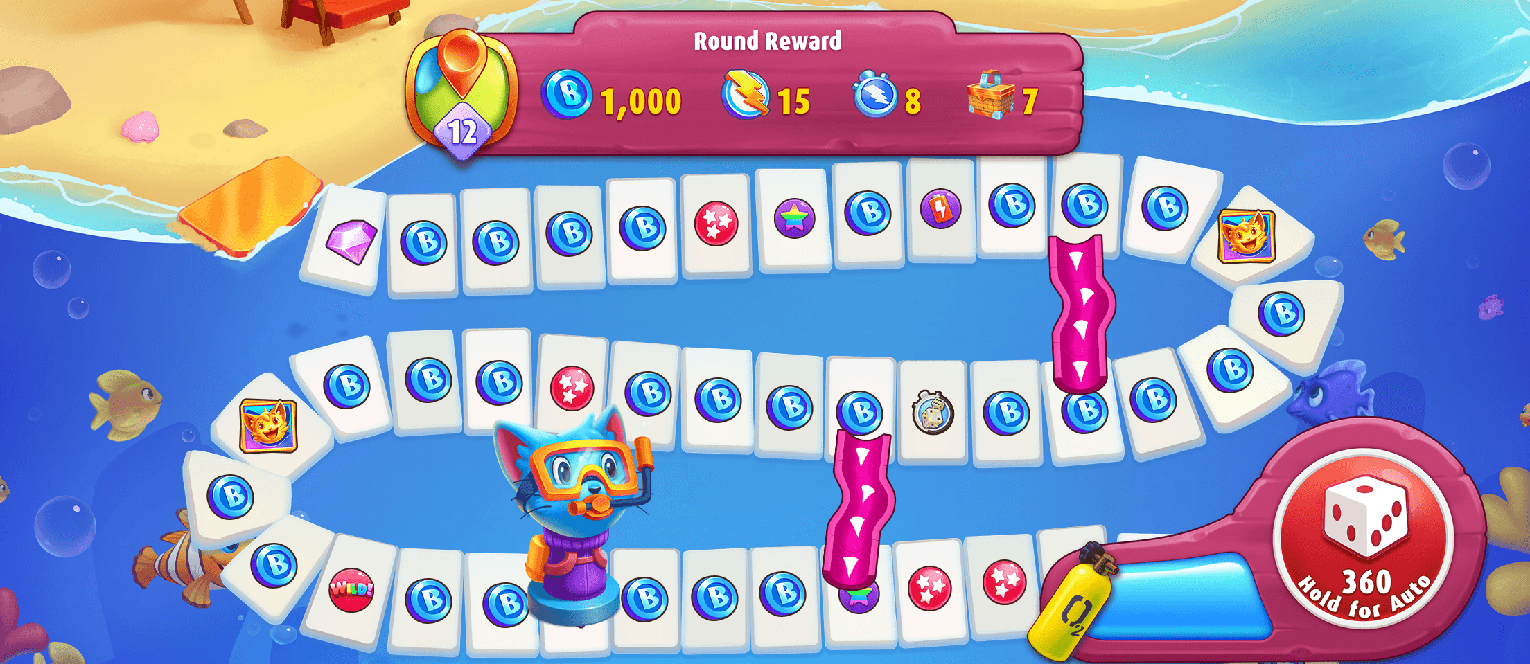 A Bingo Blitz dice mini-game, a cat in snorkel gear standing on a track of reward tiles, with the round reward across the top and a dice button on the right