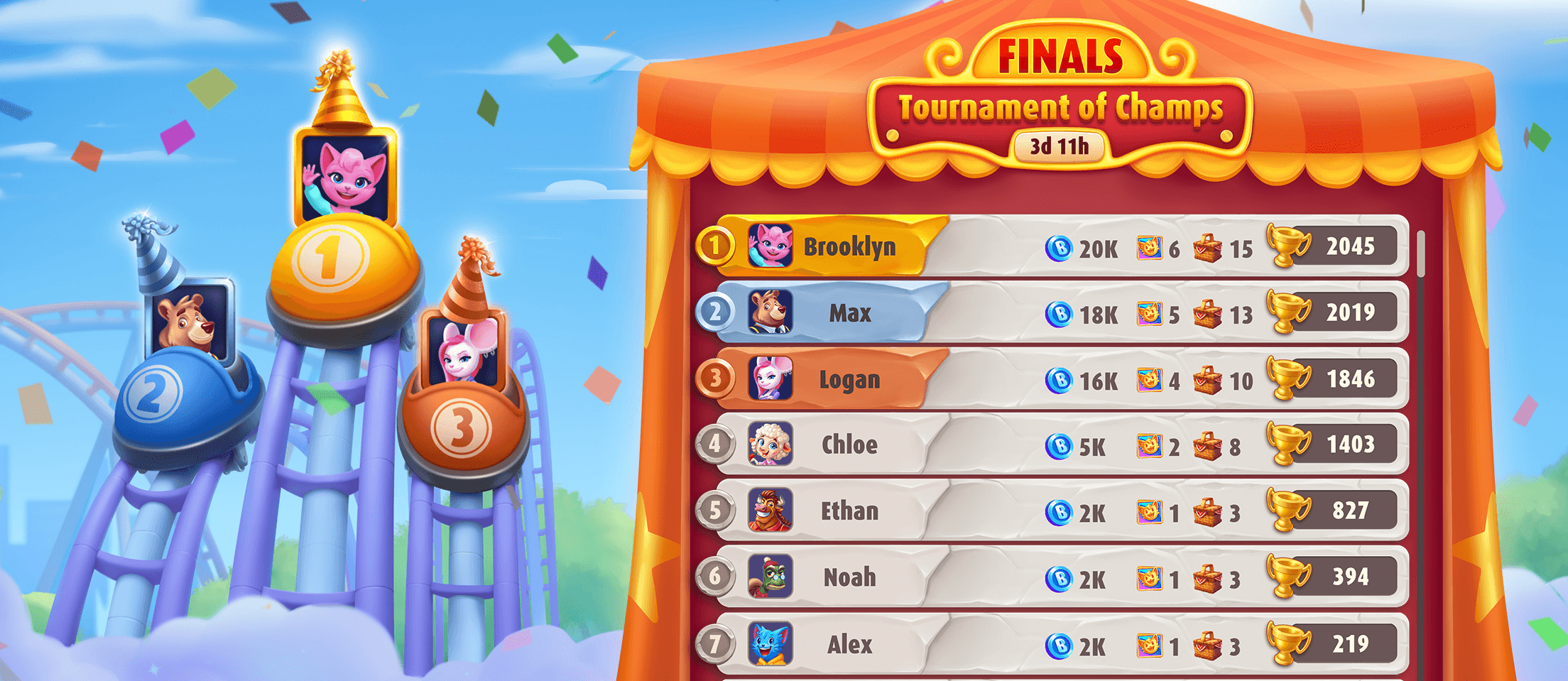 The Bingo Blitz Tournament of Champs finals leaderboard, players ranked by trophies, with a 3d 11h countdown under the banner