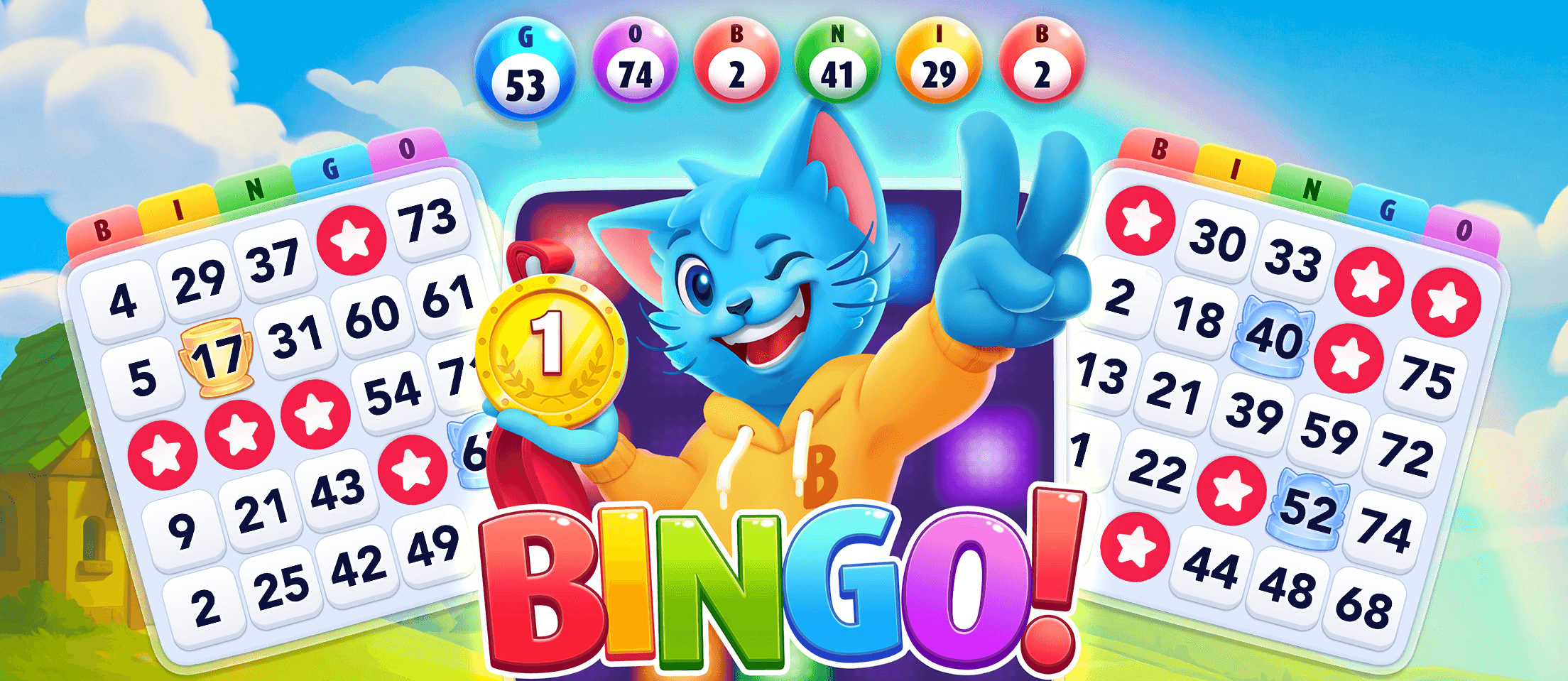 Two Bingo Blitz cards in play either side of a BINGO! win, with the called balls running across the top