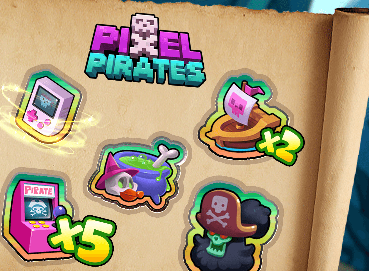 The Pixel Pirates collection in Bingo Drive on a parchment scroll, with five collectibles: a pink handheld console, a pirate ship marked x2, a pink arcade cabinet marked x5, a bubbling cauldron and a skull in a pirate hat