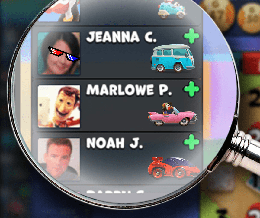 A magnified players list in Bingo Drive showing Jeanna C., Marlowe P. and Noah J., each with a profile photo, a car and a green plus sign beside the name