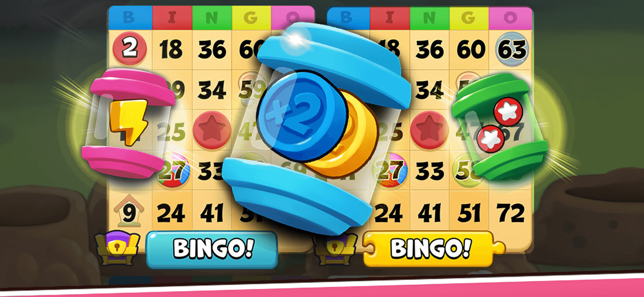 Bingo Drive power-up items shown over a set of bingo cards mid-round