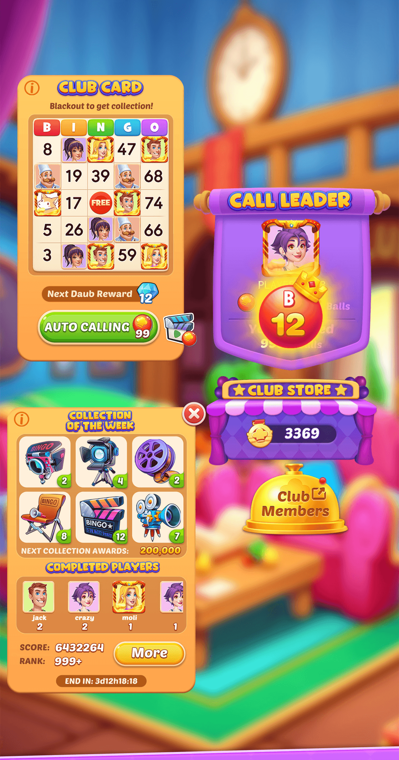A Bingo Frenzy club screen showing a club card, call leader, club store and collection of the week