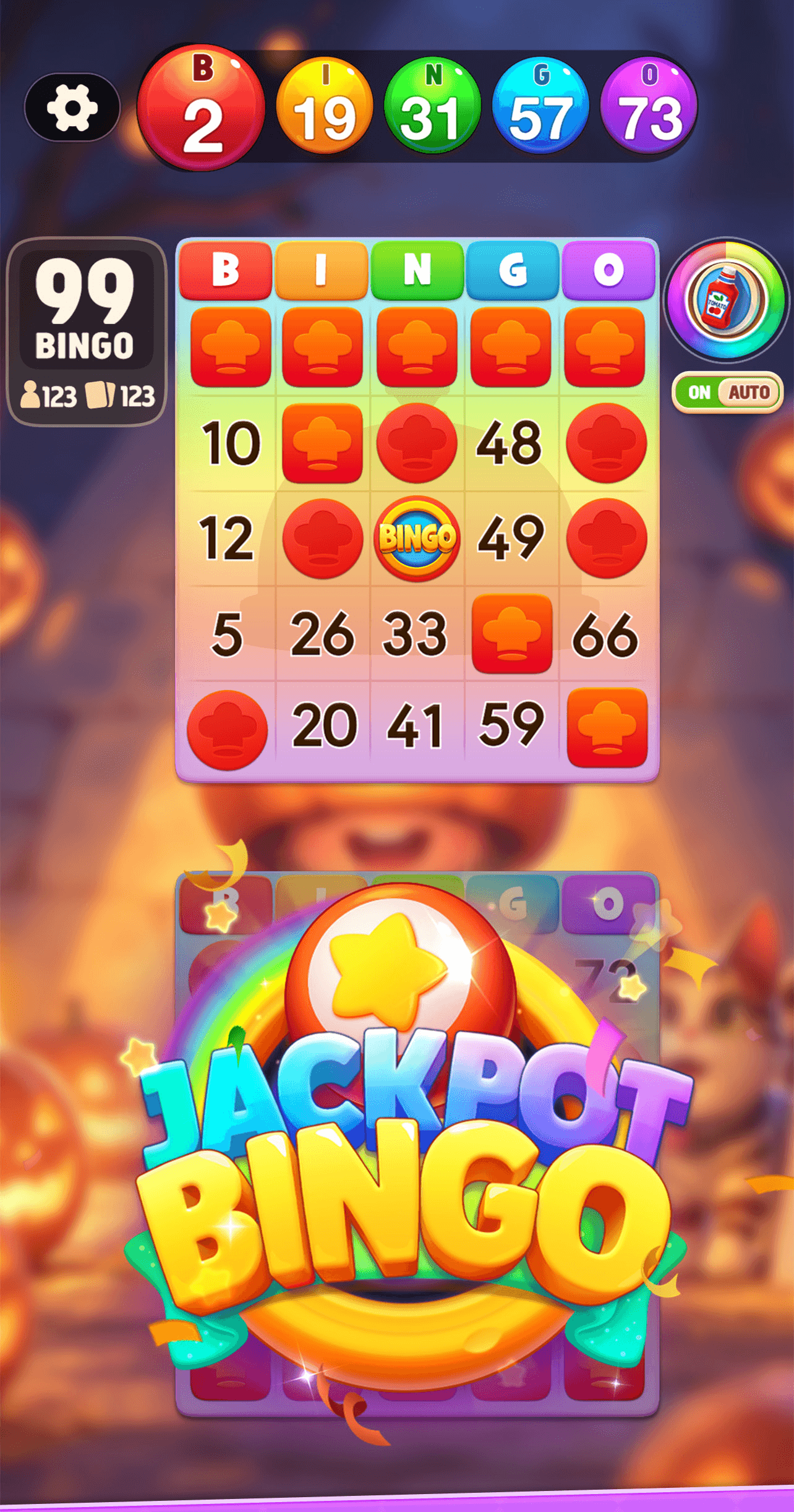 A Bingo Frenzy card mid-round with called balls along the top and a bingo counter on the left