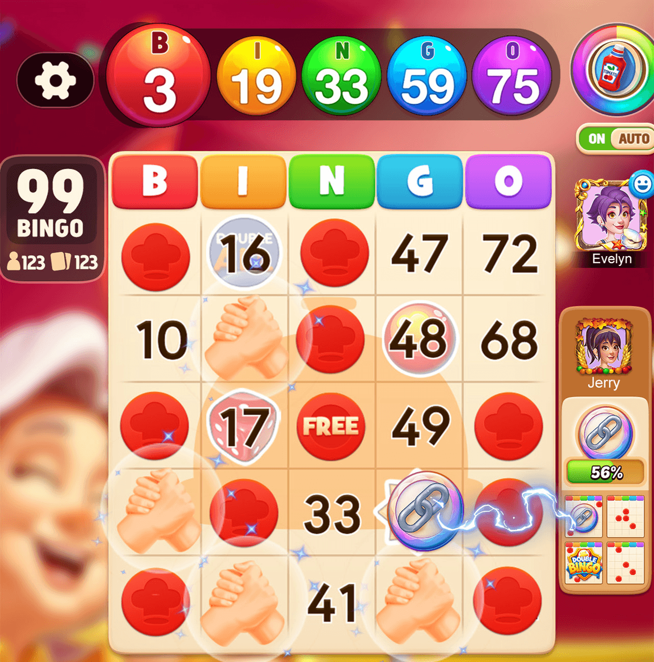 A Bingo Frenzy round in progress, the called balls B3, I19, N33, G59 and O75 along the top, a card with red daubs and handshake and link power-up effects, a 99 Bingo counter on the left and other players' avatars on the right