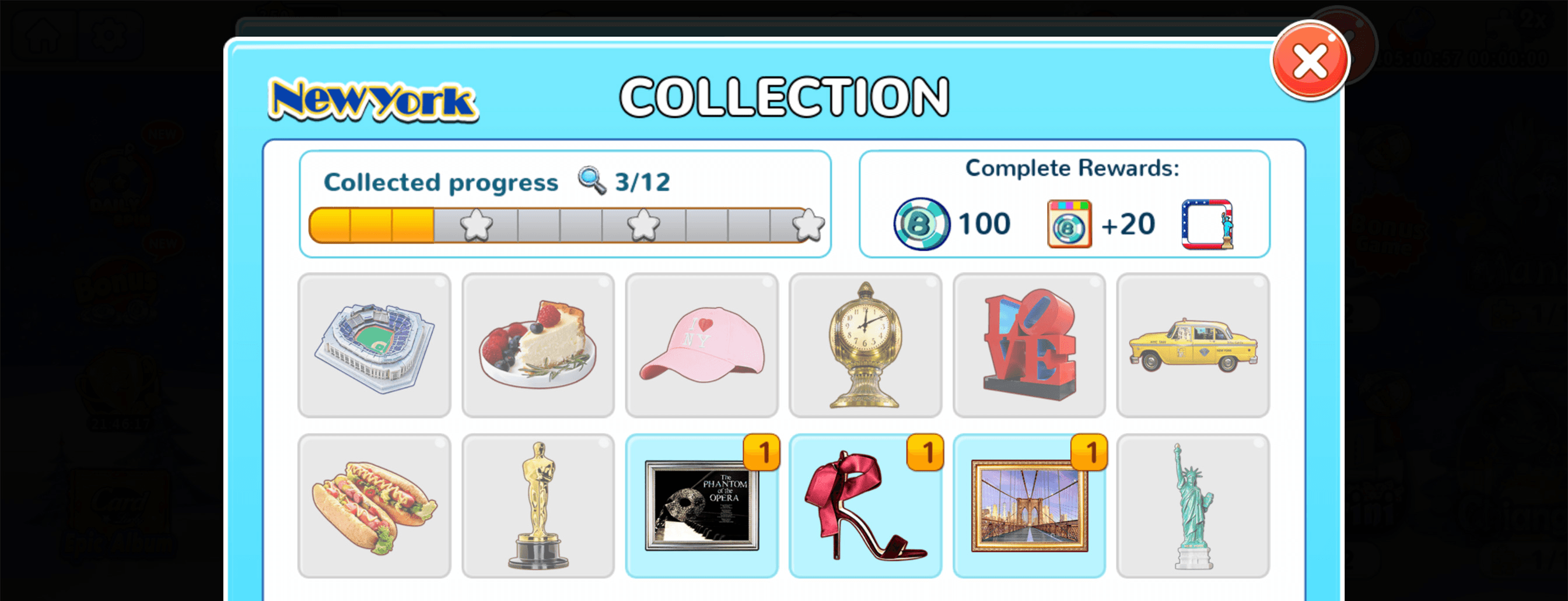 A Bingo Holiday New York collection screen showing collected progress of three of twelve items and the completion rewards
