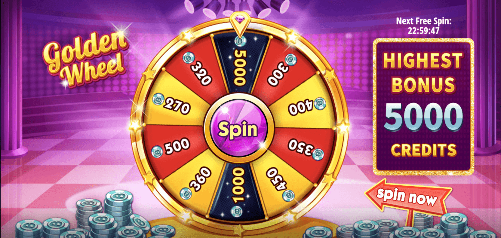 The Golden Wheel in Bingo Holiday, a red and gold wheel with credit segments from 270 up to 5,000 around a Spin button, beside a Highest Bonus 5000 Credits panel and a Next Free Spin countdown