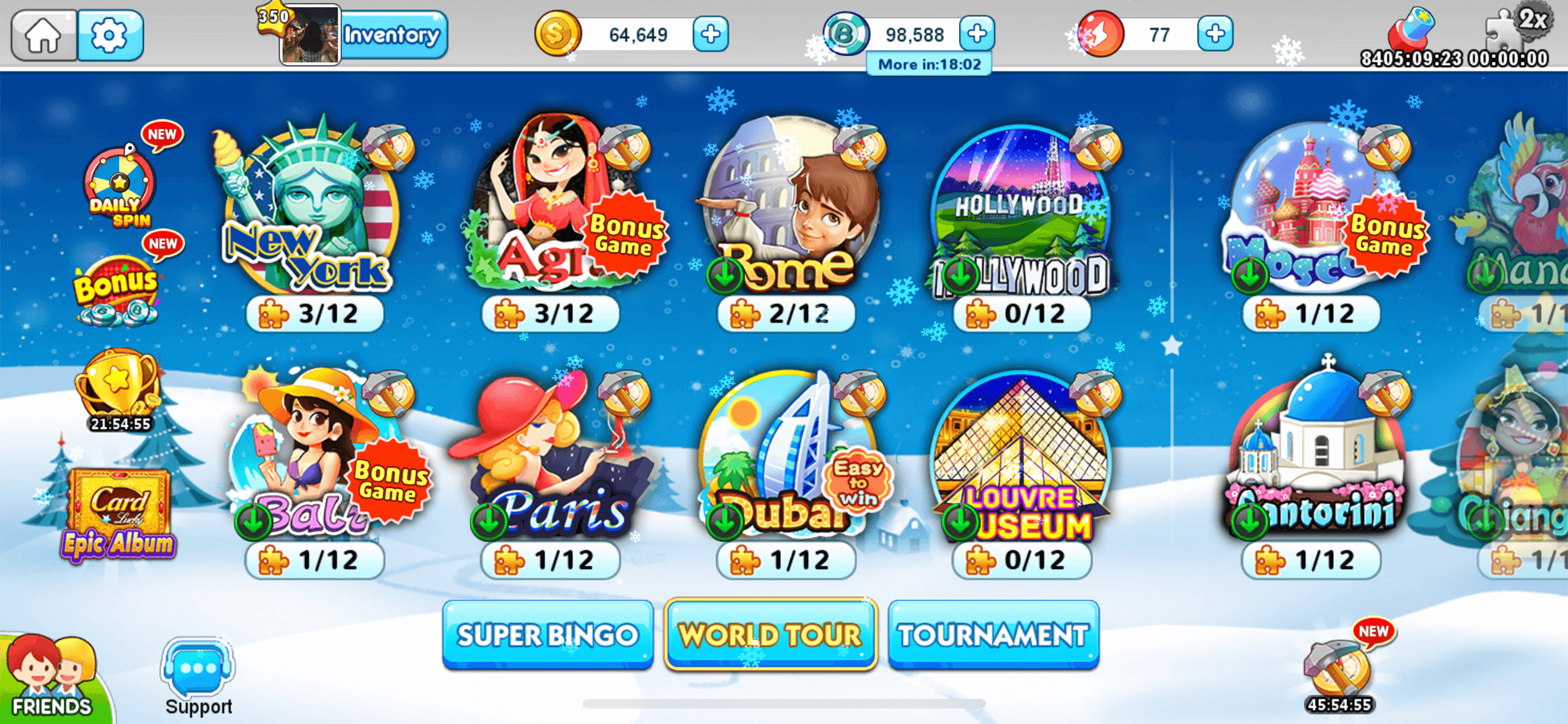 The Bingo Holiday lobby showing destination rooms including Paris, Dubai and Santorini with progress counters, above Super Bingo, World Tour and Tournament buttons