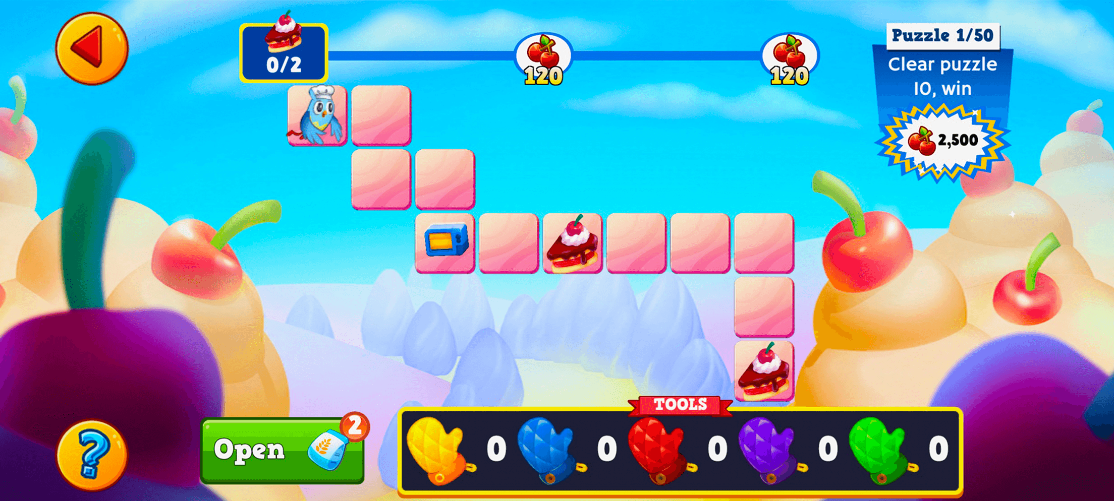 A Bingo Pop puzzle board marked Puzzle 1/50, a winding path of pink tiles with cake and chef-bird pieces, milestones paying 120 cherries along the top, a Clear puzzle 10, win 2,500 badge, an Open button and a row of coloured mitten tools
