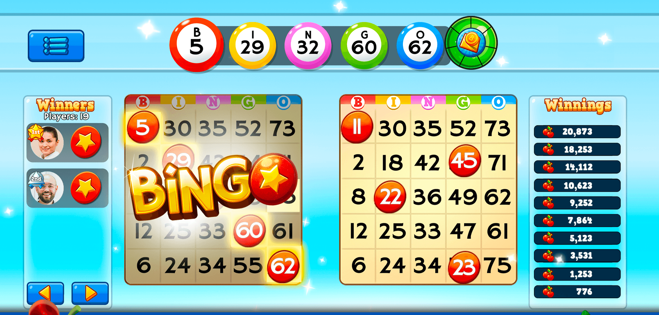 A Bingo Pop round with two cards in play, called balls above them and a winners list showing payouts