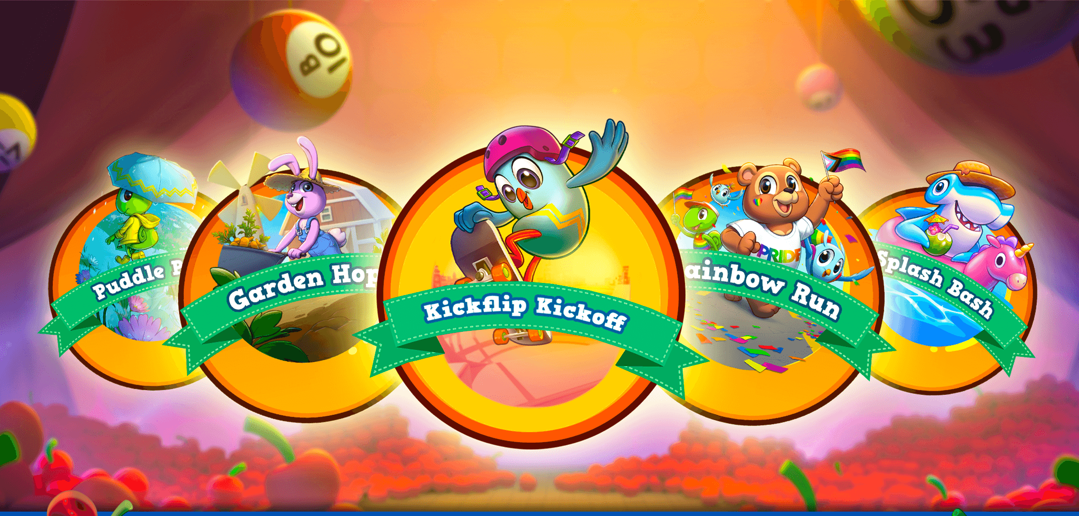 The Bingo Pop stage map showing named stages including Puddle, Garden Hop and Kickflip Kickoff