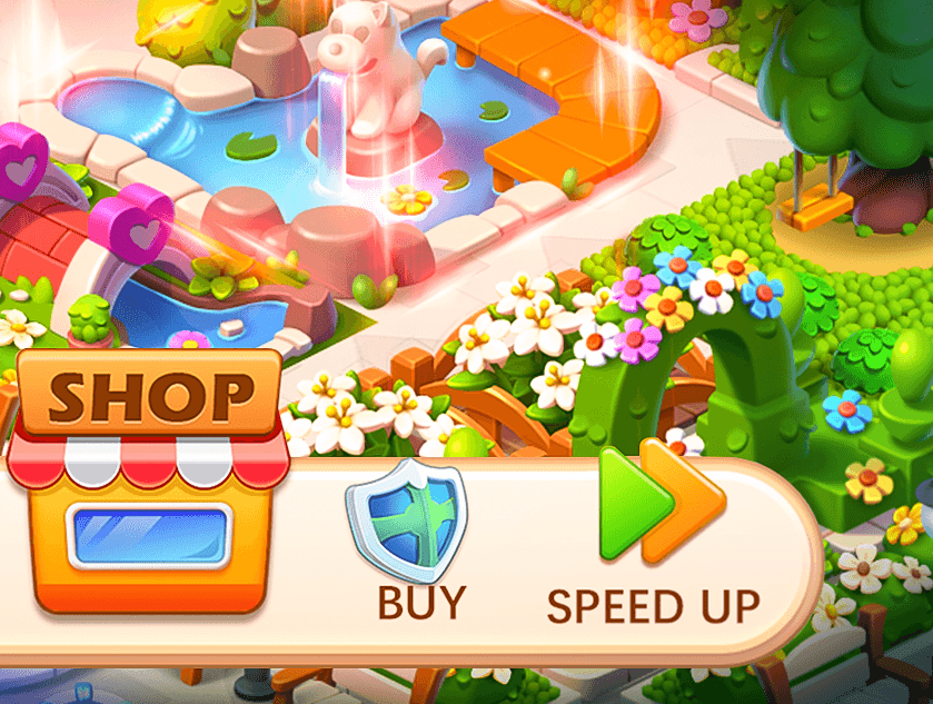 Part of the Bingo Riches board, a pond with a cat fountain and a flower arch, above a bar with Shop, Buy and Speed Up buttons