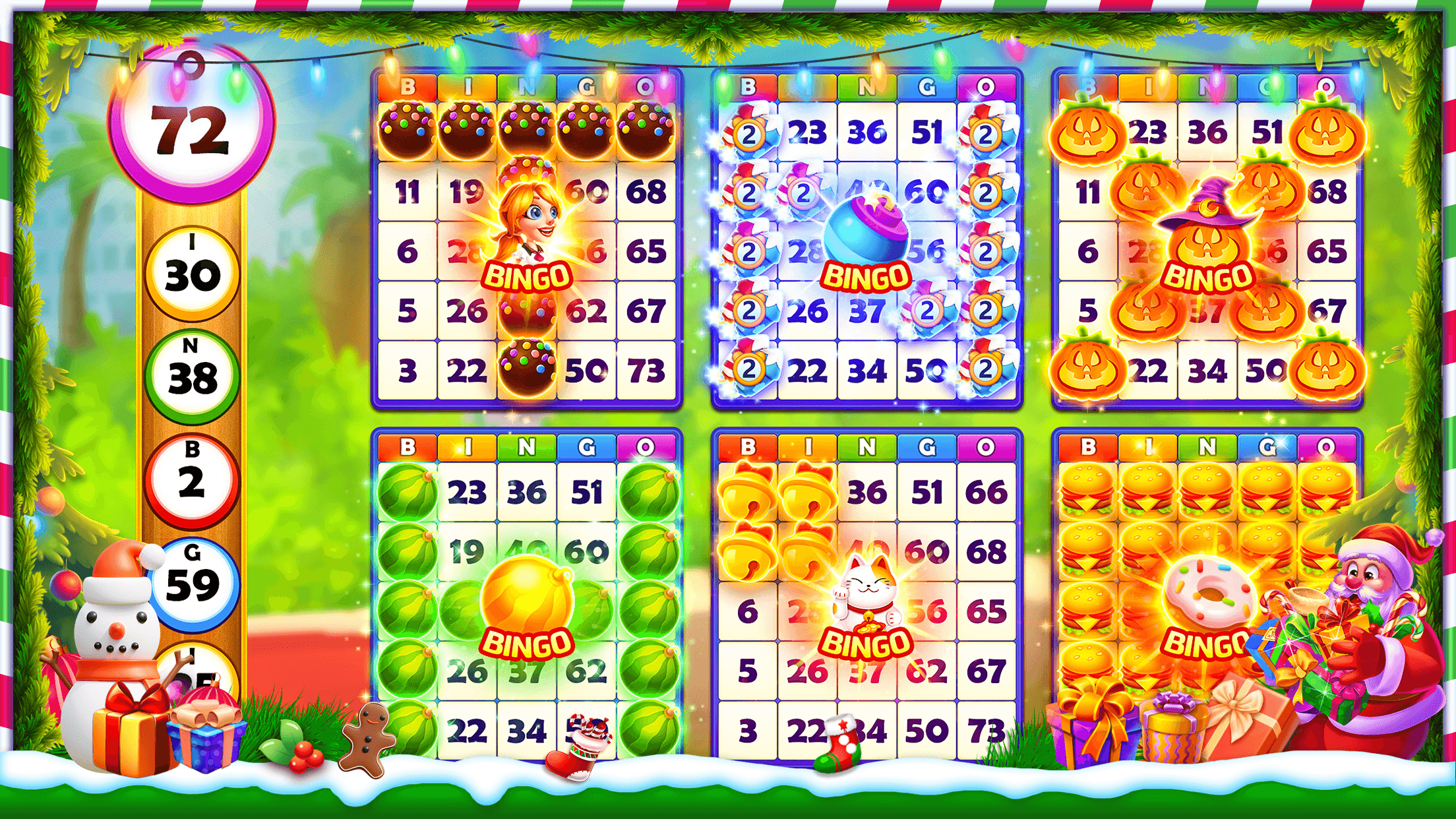 Four Bingo Riches cards in play with the called-ball column down the left side