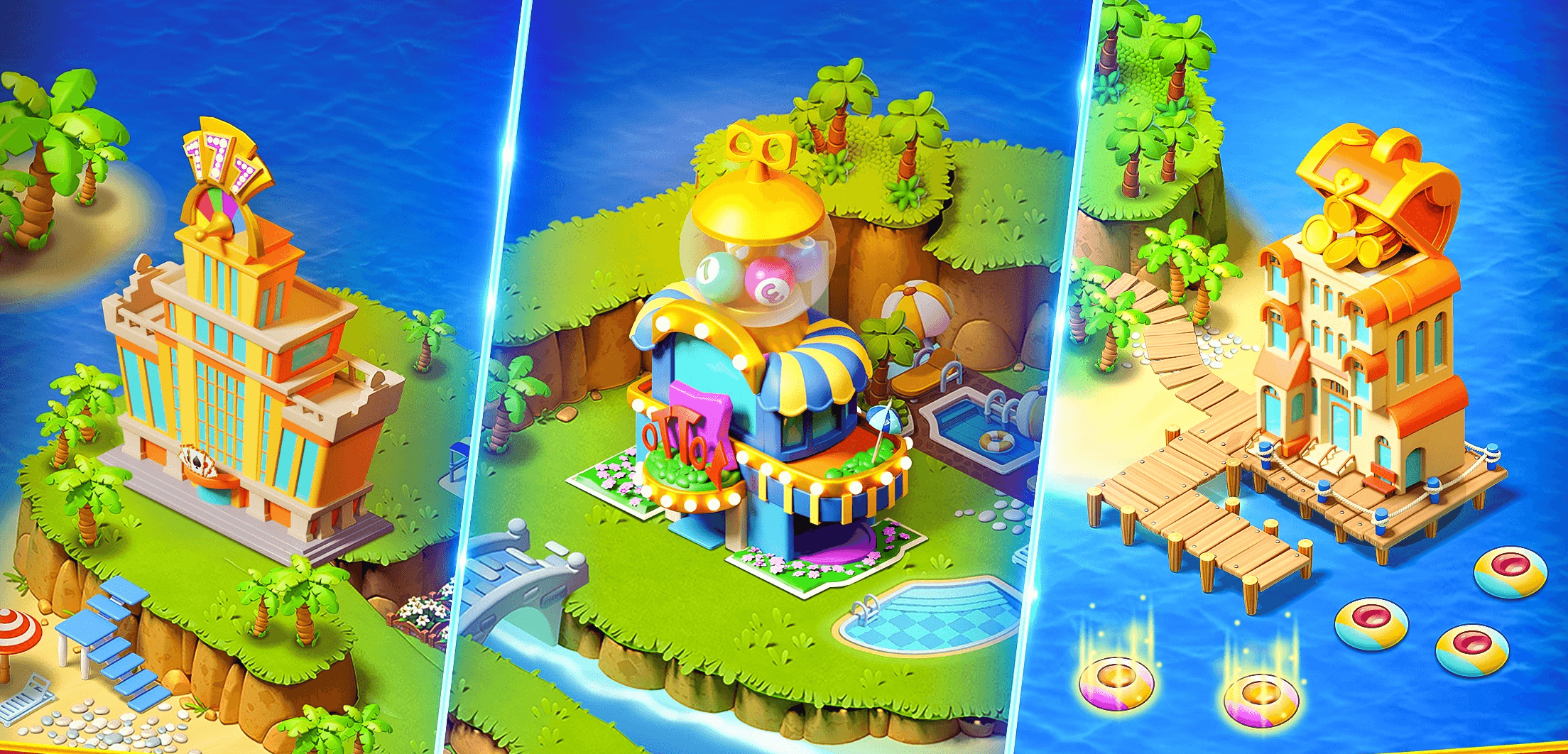 Three Bingo Riches island locations shown side by side, each with its own buildings and decoration