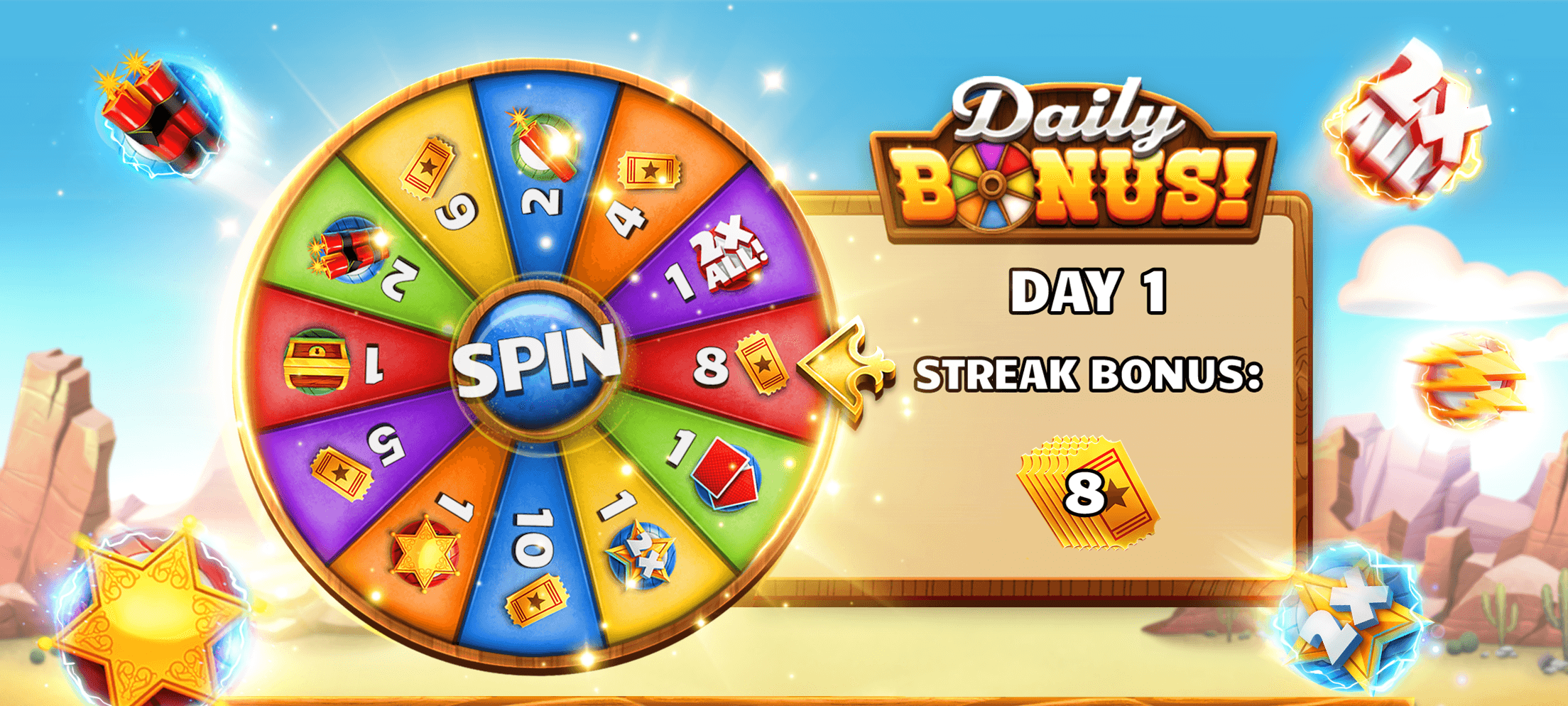 The Bingo Showdown daily bonus wheel showing Day 1 of a streak bonus