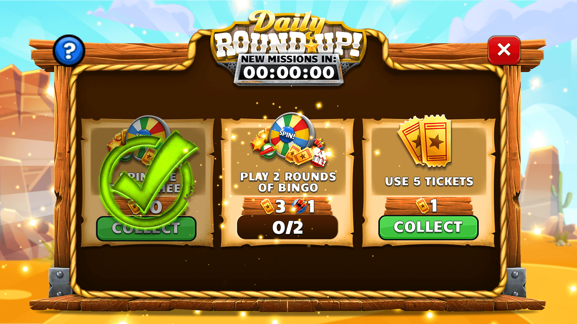 The Daily Round-Up panel in Bingo Showdown with a New Missions In countdown at the top and three tasks: a completed wheel spin, Play 2 Rounds of Bingo at 0/2 paying 3 Tickets and a power-up, and Use 5 Tickets with a Collect button