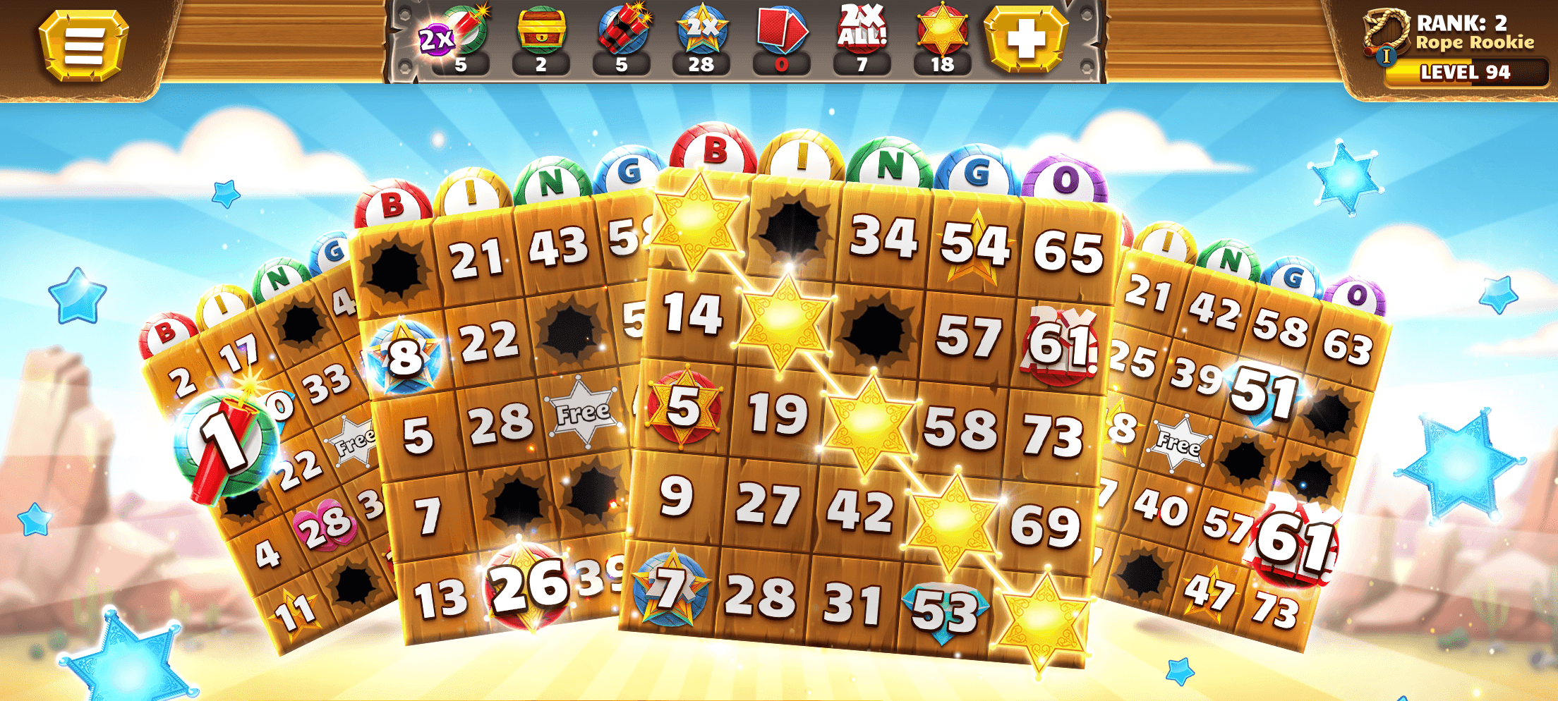Four Bingo Showdown cards being daubed at once, with called numbers marked across all of them