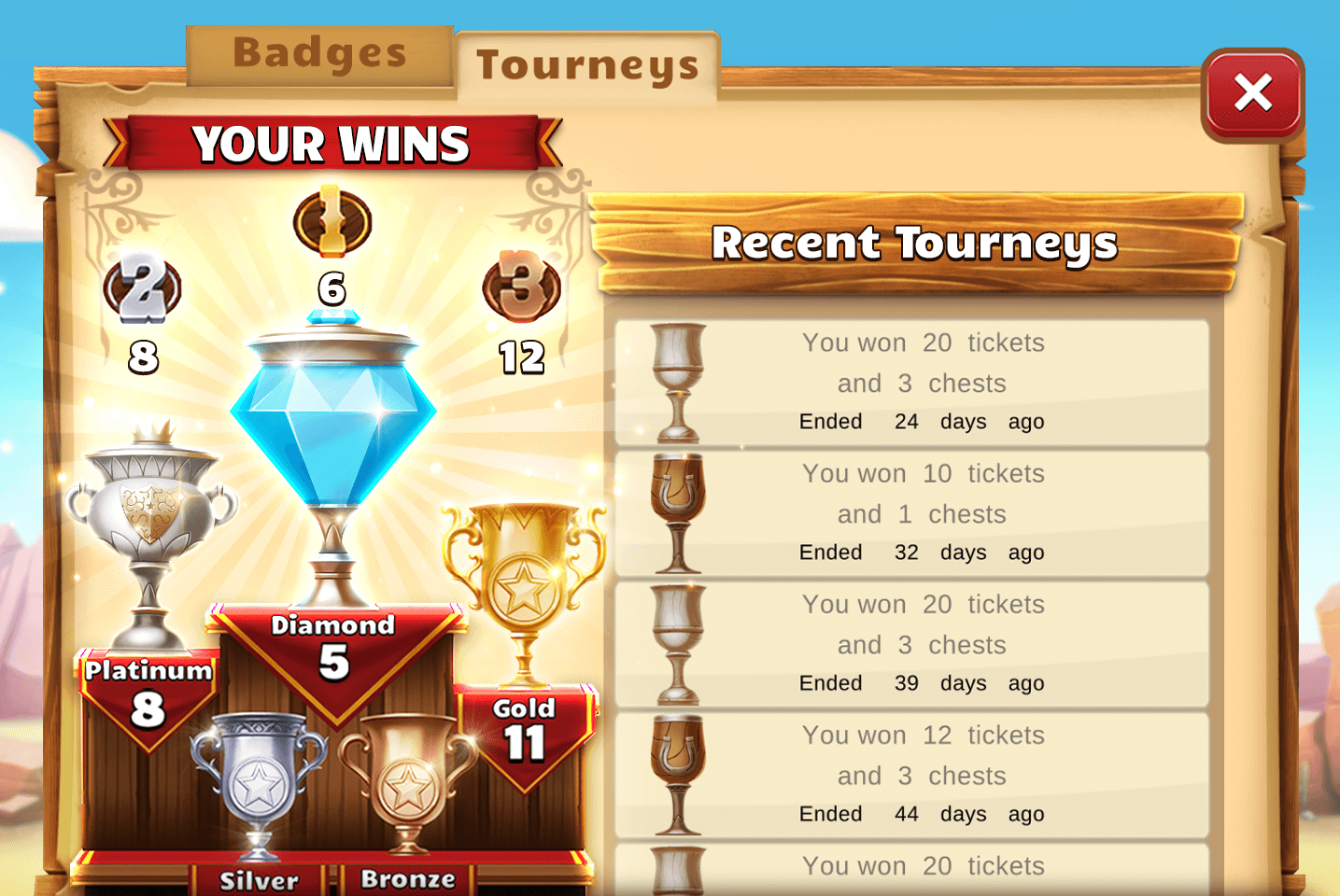 The Tourneys tab in Bingo Showdown, a Your Wins stand of Diamond, Platinum, Gold, Silver and Bronze trophies beside a Recent Tourneys list with entries such as You won 20 tickets and 3 chests, ended 24 days ago