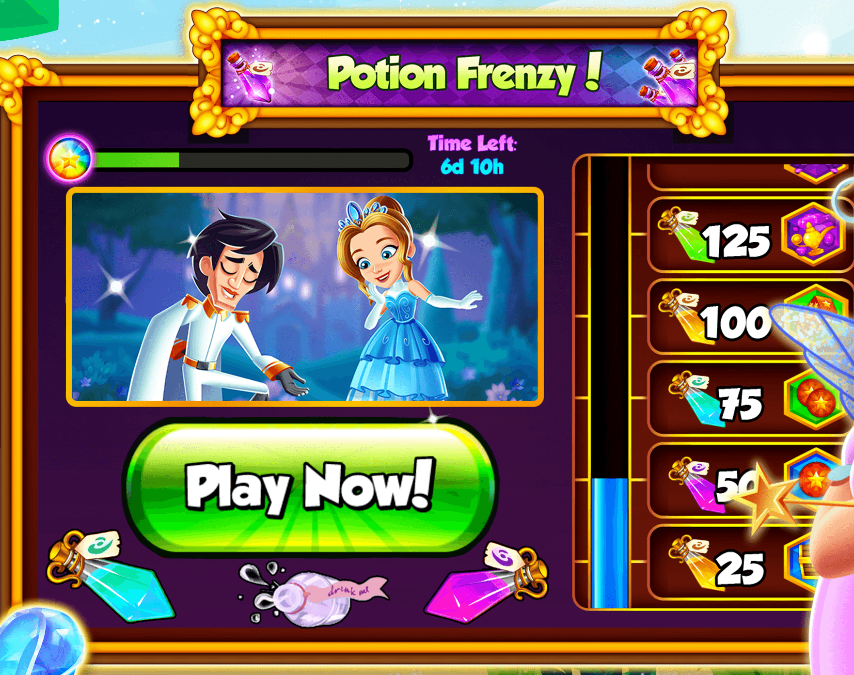The Potion Frenzy event panel in Bingo Story, a prince and princess scene above a green Play Now! button, a Time Left 6d 10h counter and a reward track with milestones paying 125, 100, 75, 50 and 25