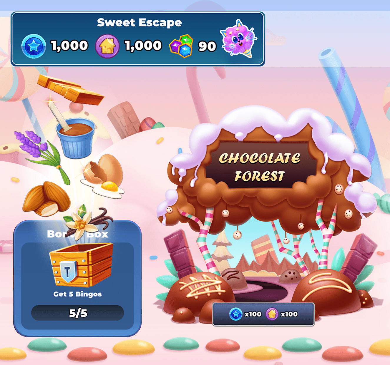 The Sweet Escape design room in Bingo Story, a box marked Get 5 Bingos at 5/5 releasing baking supplies such as eggs, almonds and vanilla beside the Chocolate Forest decoration, with the room's star, house and gem balances along the top