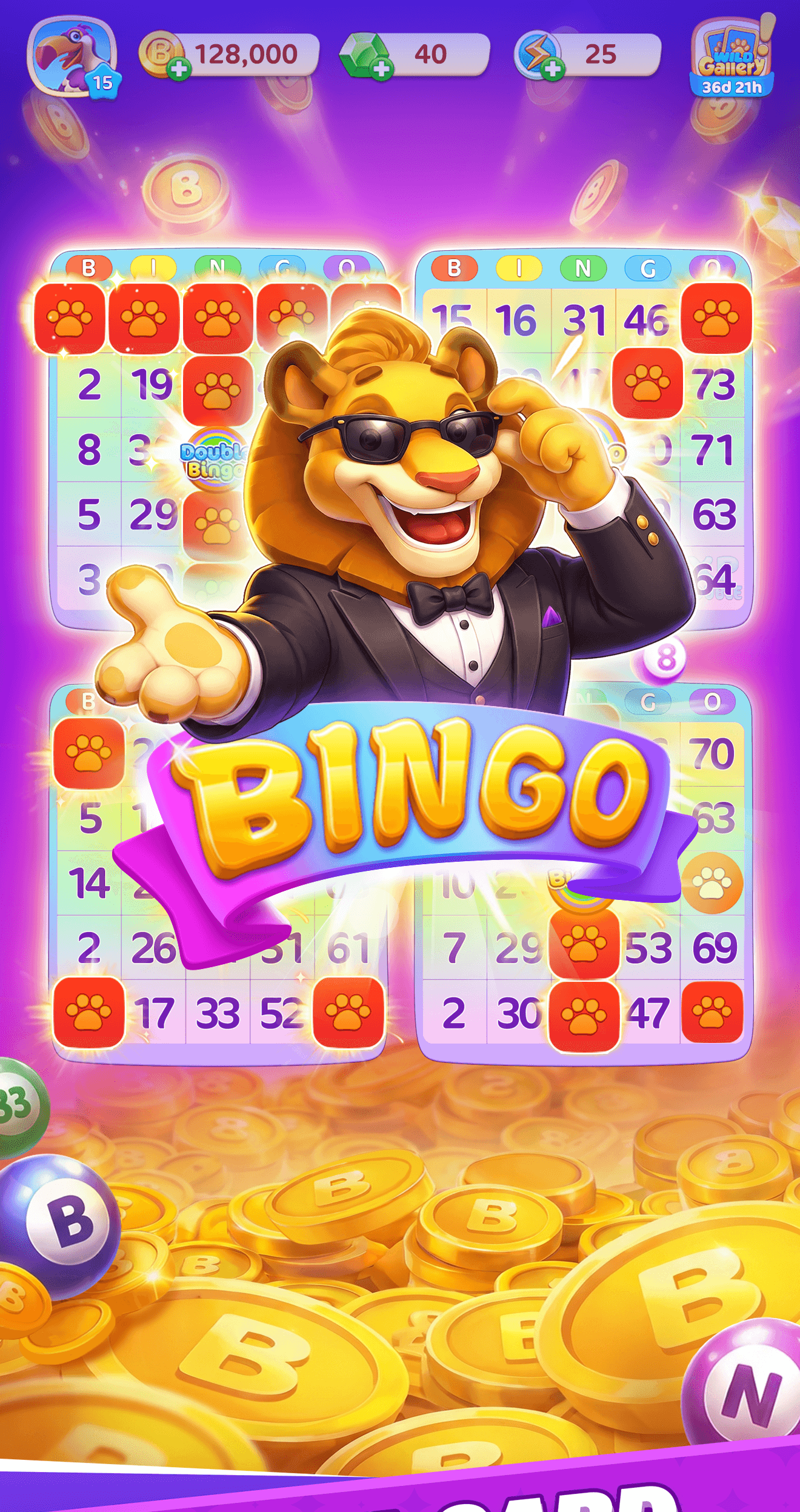 Bingo Wild cards mid-round with paw-print daubers and the coin and ticket counters along the top
