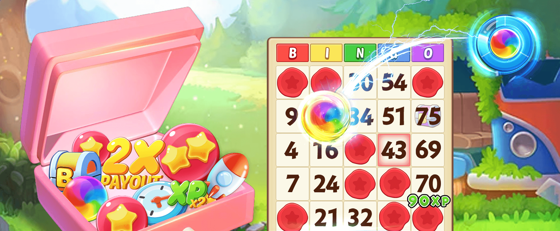 Bravo Bingo power-ups spilling from a pink box, including a 2X Payout token, an XP x2 badge, a rocket and a rainbow ball, beside a bingo card where a rainbow power-up is striking the numbers