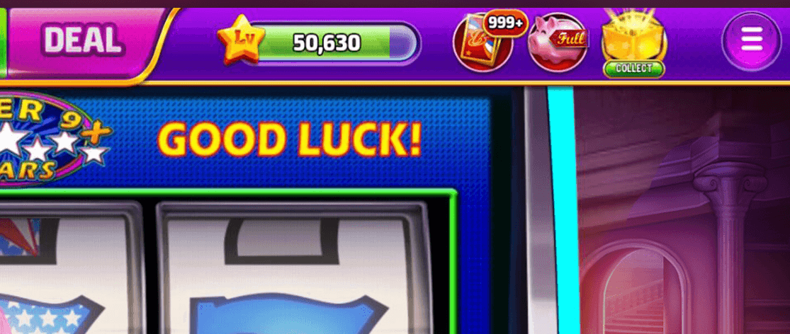 The top bar in Bravo Classic Slots above the Super 9X Stars machine, showing the Deal button, the level bar at 50,630, a card icon marked 999+, a pink piggy bank marked Full and a gold chest with a Collect label