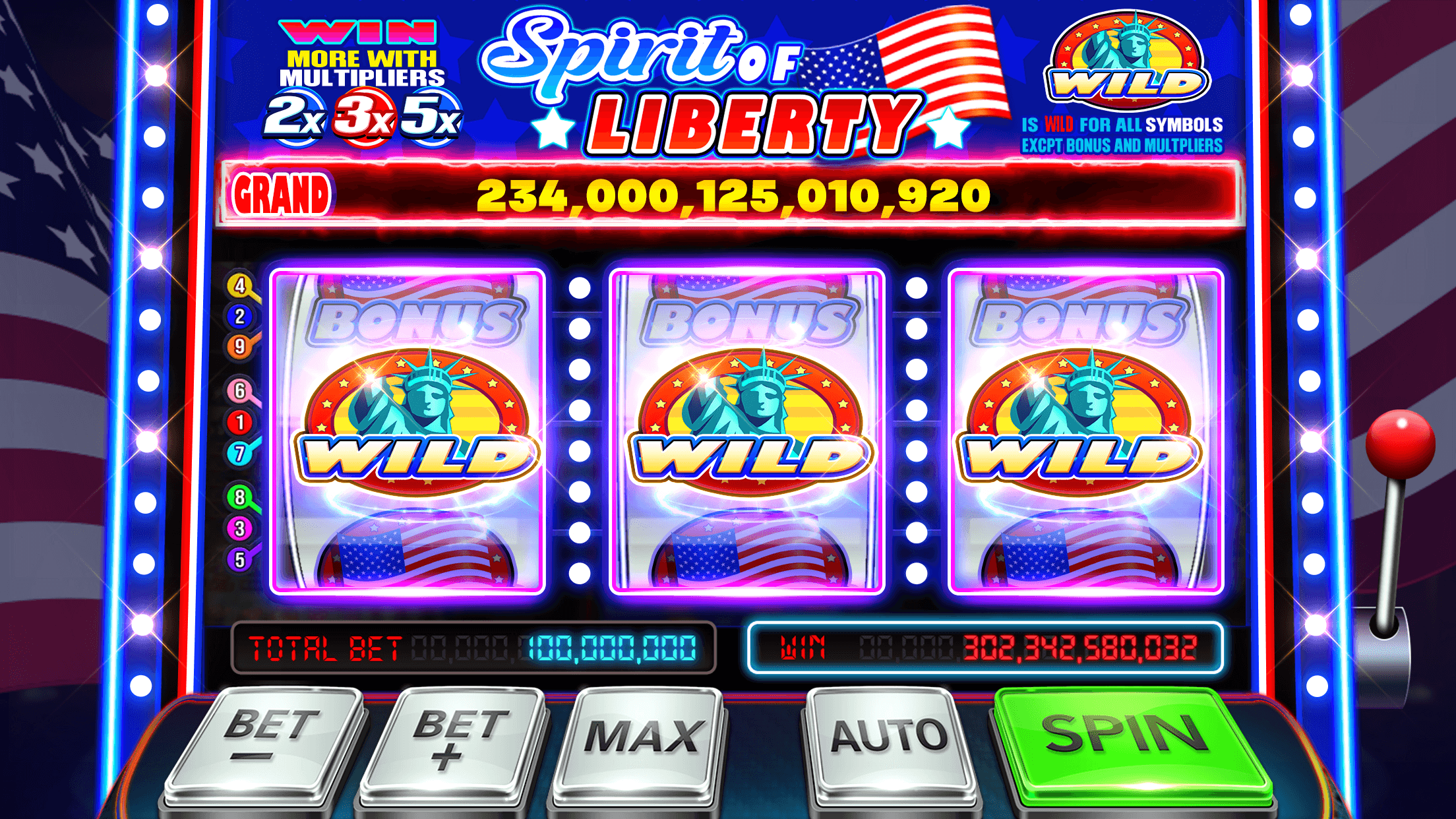 The Spirit of Liberty slot in Bravo Classic Slots, three Statue of Liberty wild symbols on the reels under a Grand jackpot of 234,000,125,010,920, with a total bet of 100,000,000 and the Bet minus, Bet plus, Max, Auto and Spin buttons along the bottom