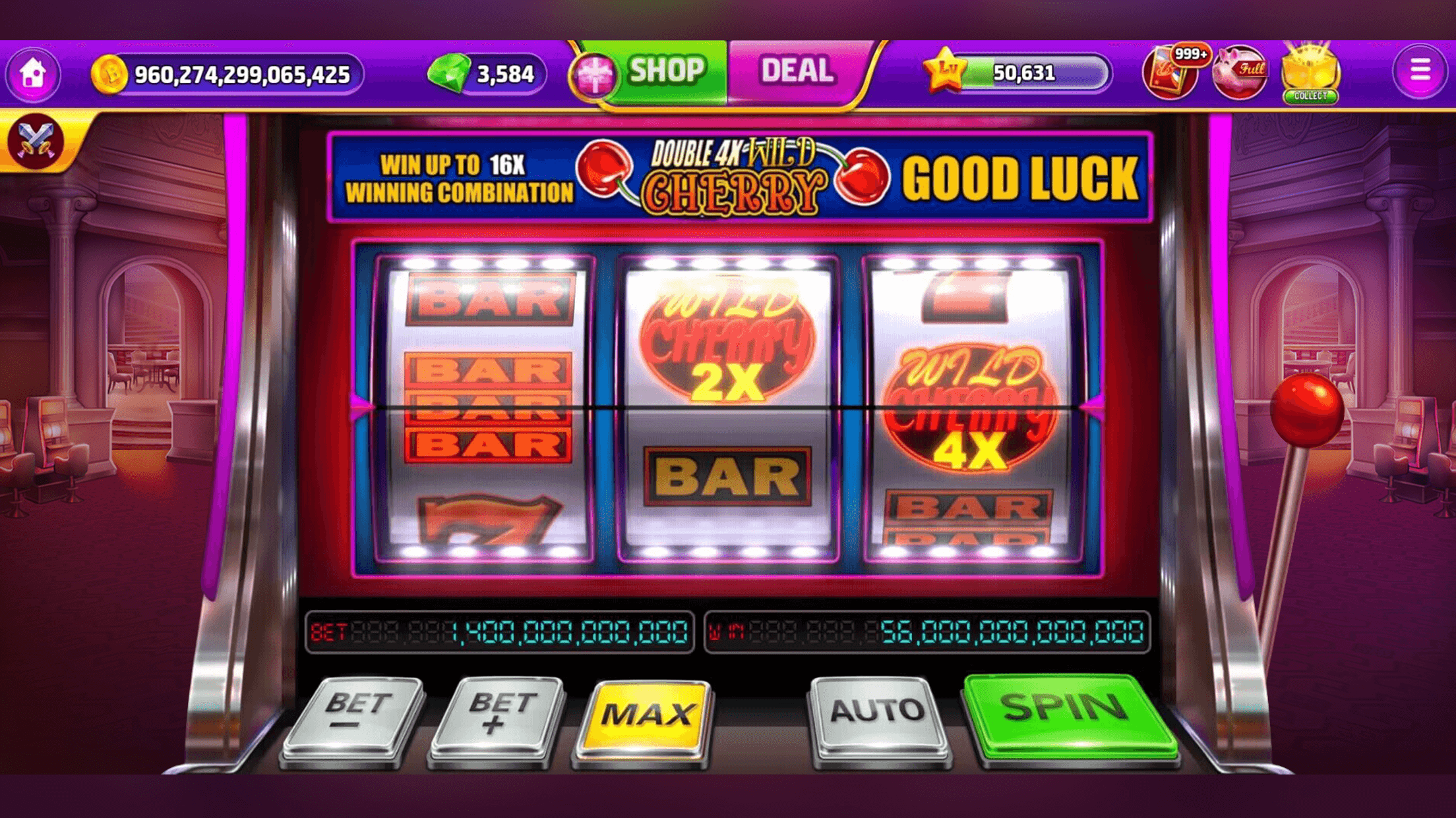 A three-reel Bravo Classic Slots machine showing WILD 2X and 4X symbols above BET, MAX, AUTO and SPIN buttons